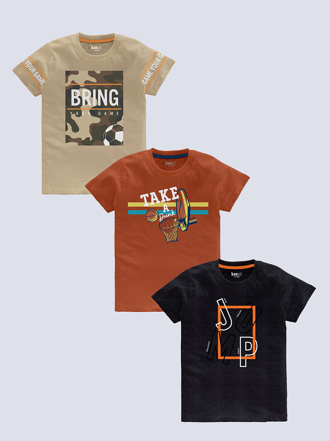 

BAESD Boys Pack Of 3 Typography Printed Cotton T-shirt, Beige