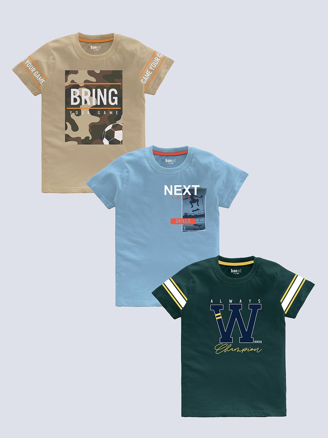 BAESD Boys Pack Of 3 Typography Printed Pure Cotton T-shirt, Beige