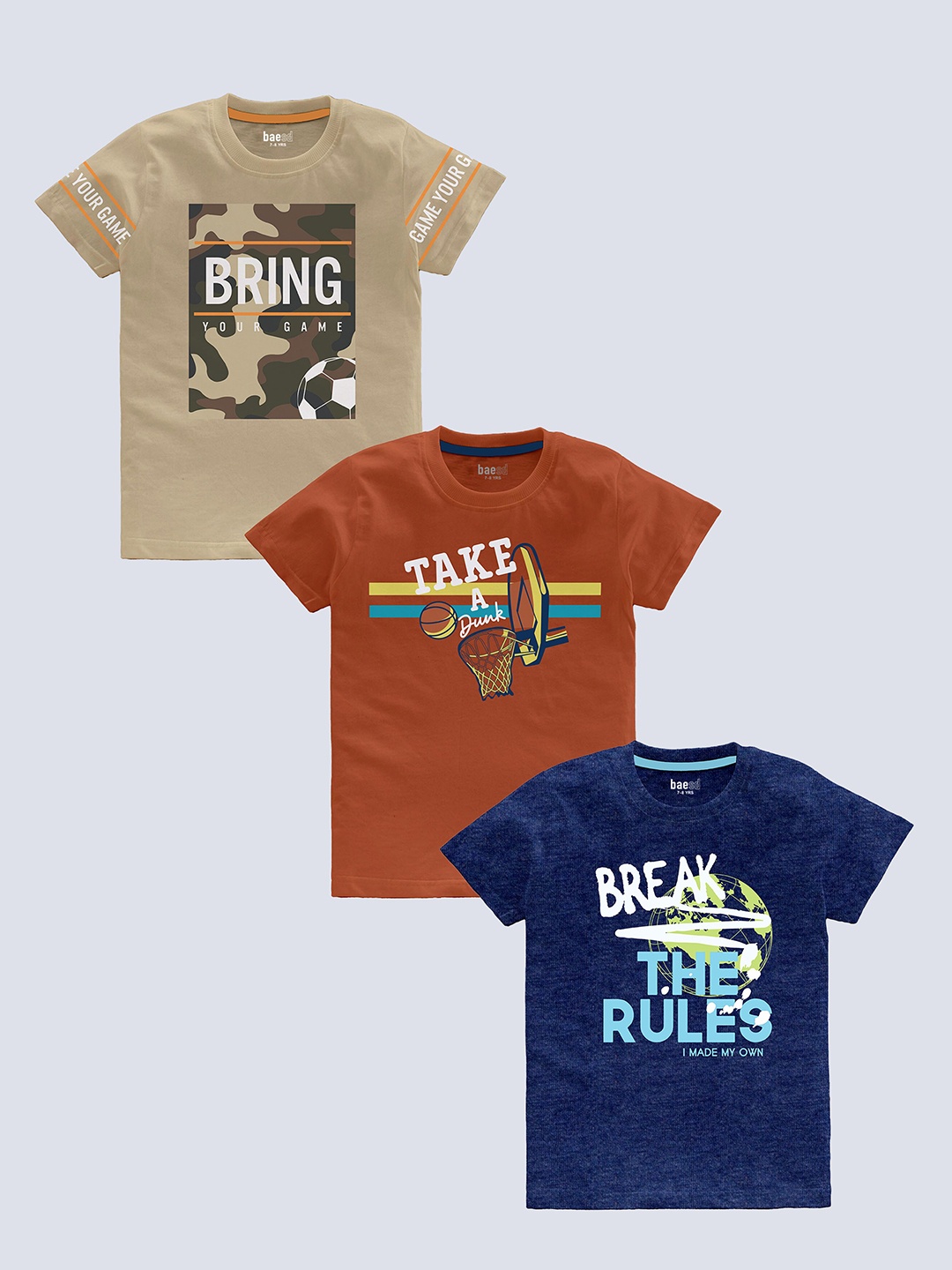 

BAESD Boys pack Of 3 Typography Printed Cotton T-shirt, Beige