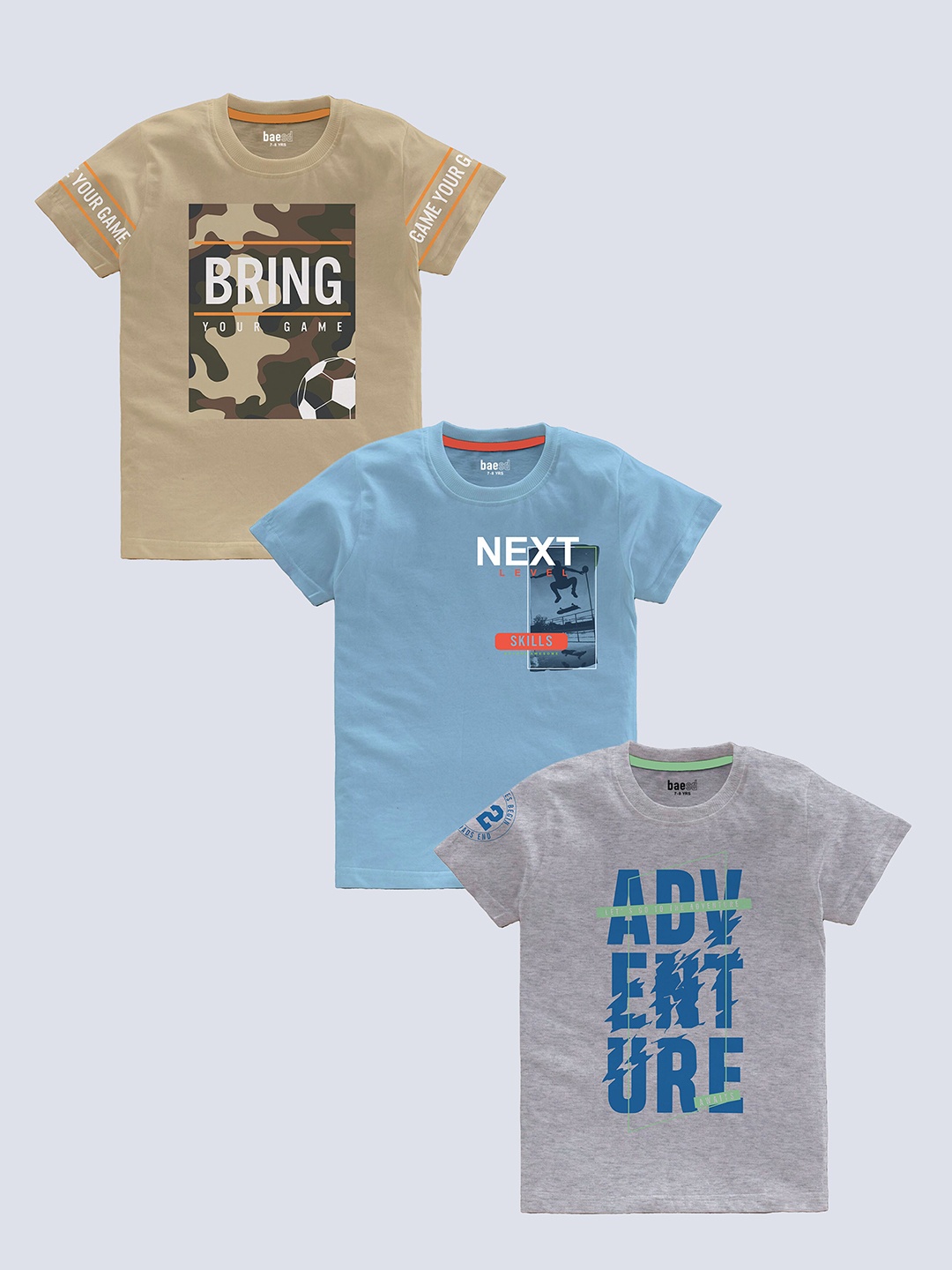 

BAESD Boys Pack Of 3 Typography Printed Pure Cotton T-shirt, Beige
