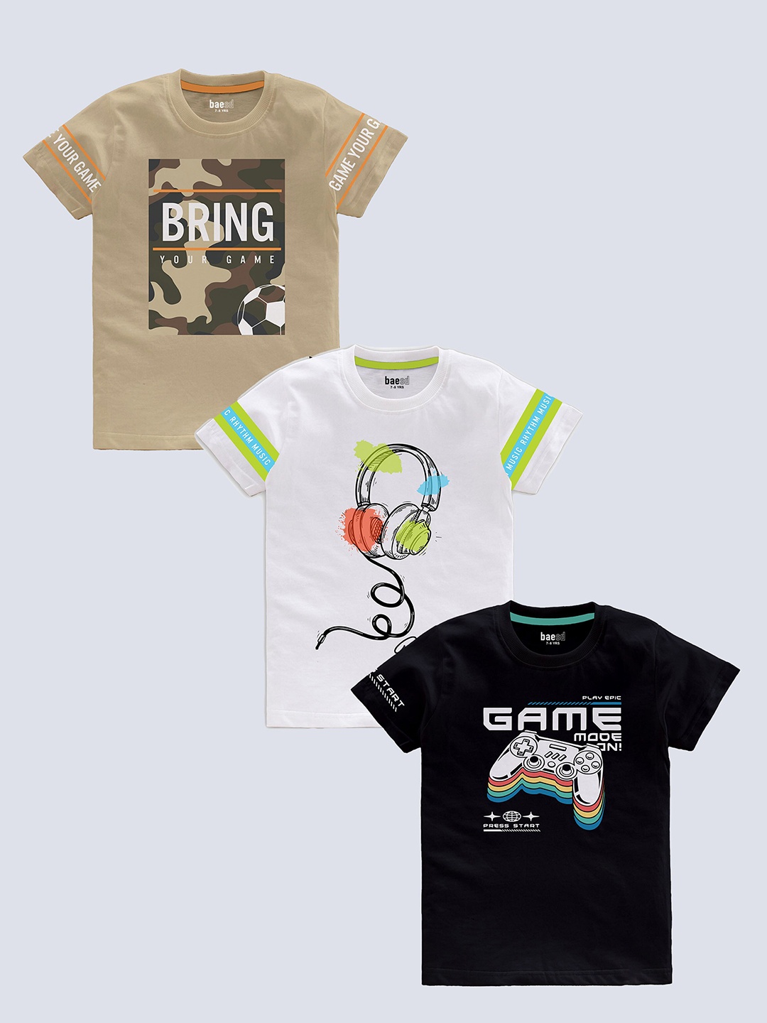 

BAESD Boys Pack Of 3 Typography Printed Pure Cotton T-shirt, Beige