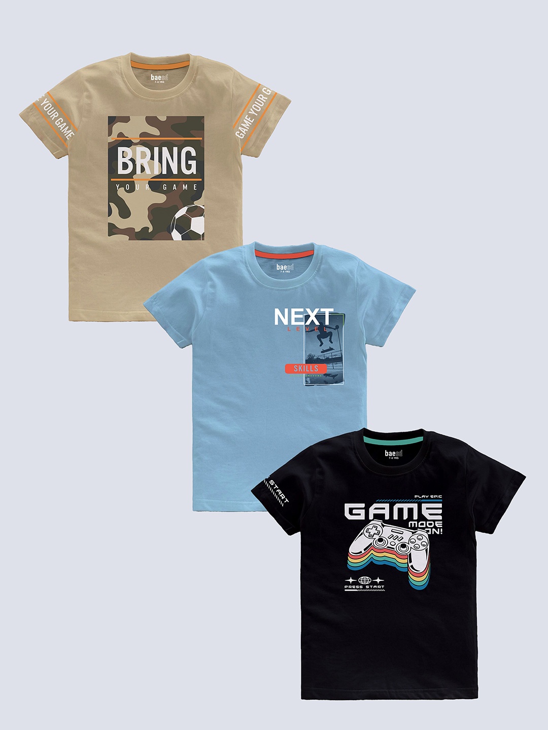 

BAESD Boys Pack Of 3 Typography Printed Pure Cotton T-shirt, Beige