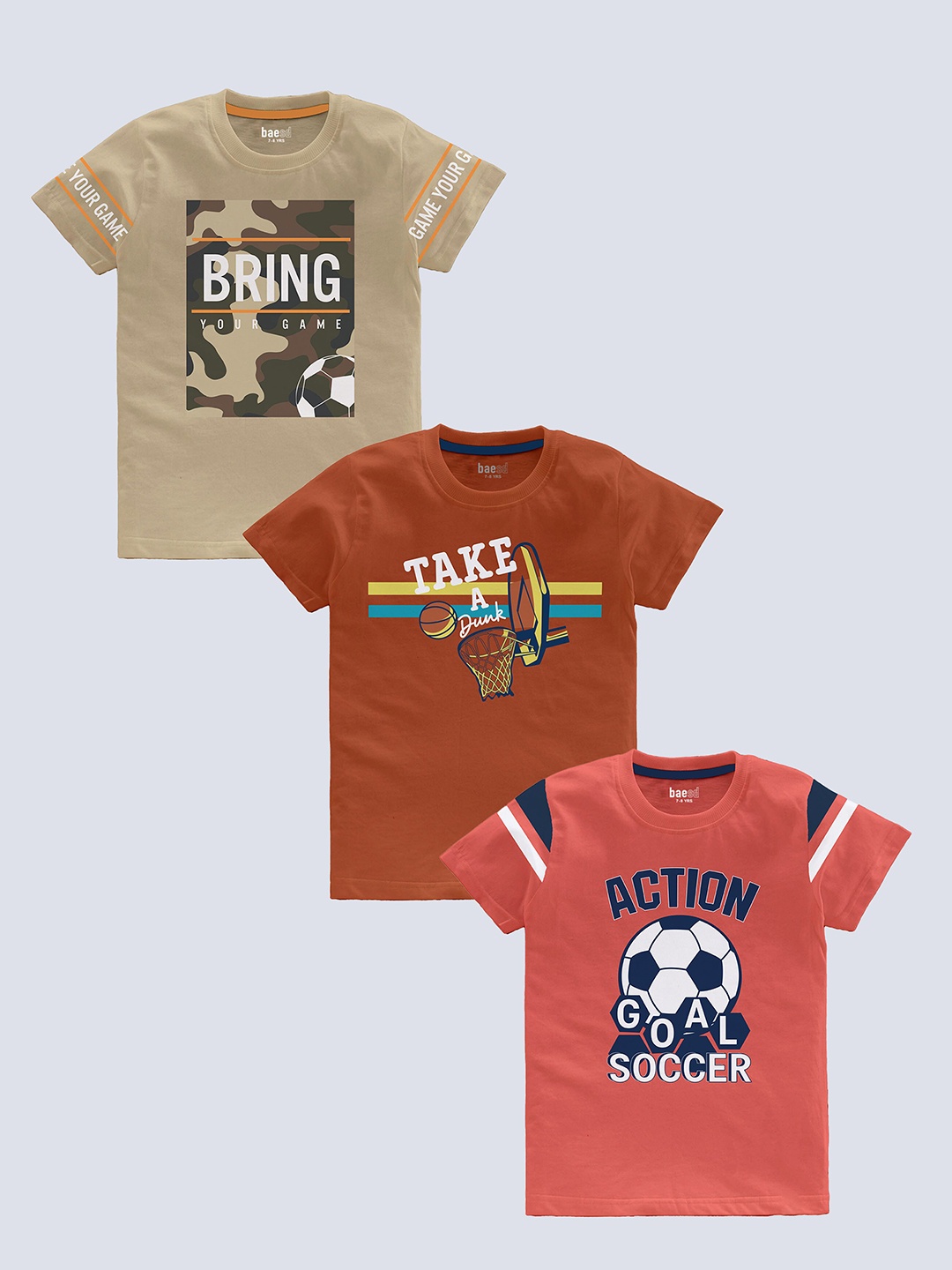 

BAESD Boys Pack Of 3 Typography Printed Pure Cotton T-shirt, Beige