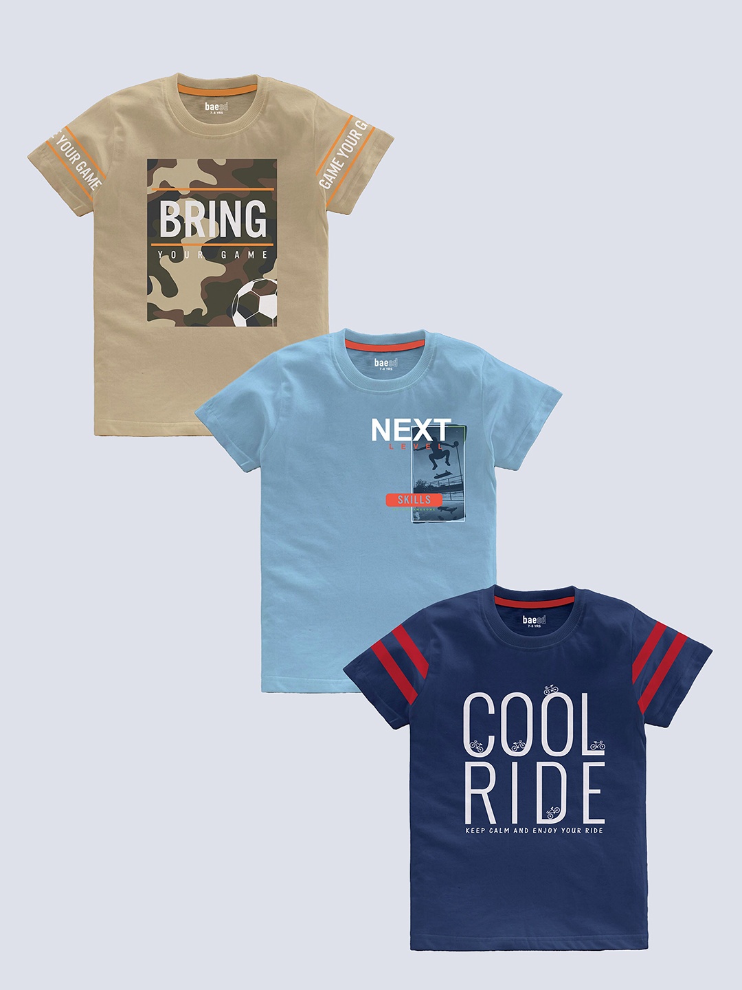 

BAESD Boys pack Of 3 Typography Printed Cotton T-shirt, Beige