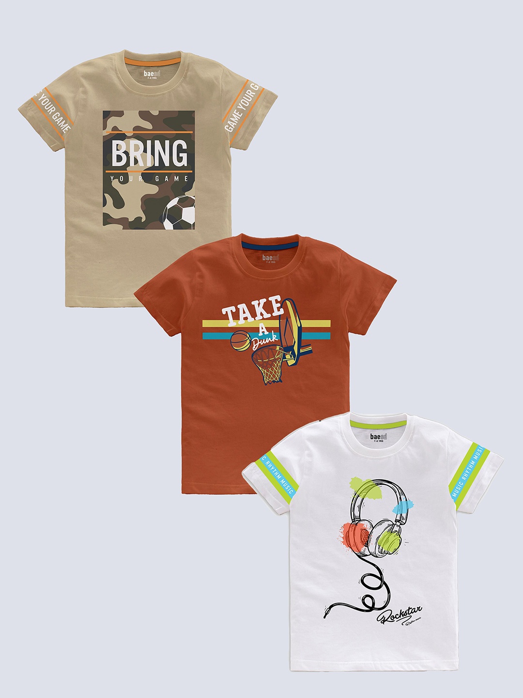 

BAESD Boys Pack Of 3 Typography Printed Pure Cotton T-shirt, Beige