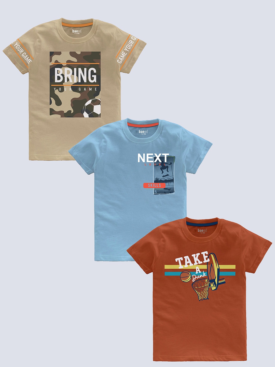 

BAESD Boys Pack Of 3 Typography Printed Pure Cotton T-shirt, Beige