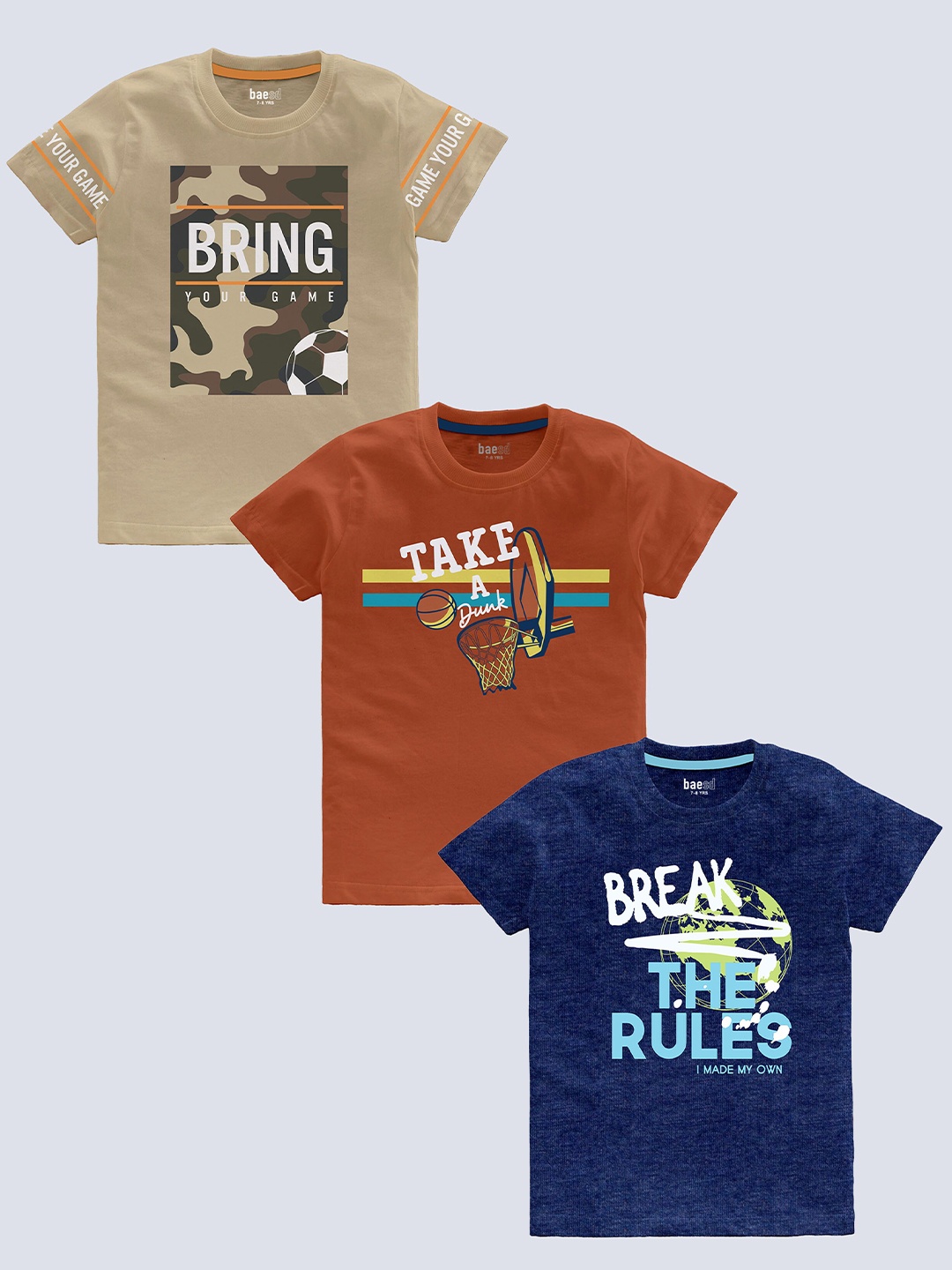 

BAESD Boys Pack Of 3 Typography Printed Pure Cotton T-shirt, Blue
