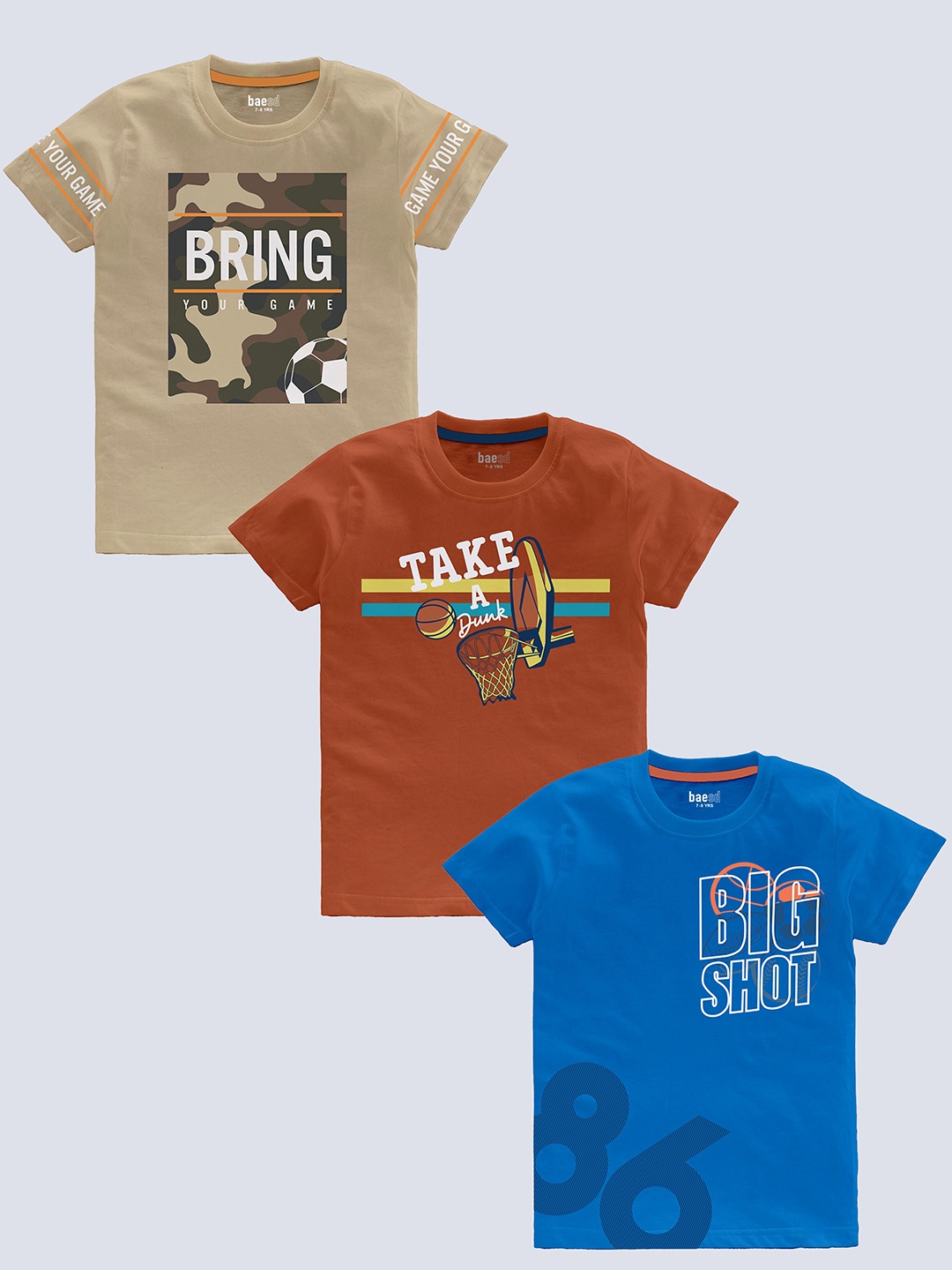 

BAESD Boys Pack Of 3 Typography Printed Cotton T-shirt, Beige