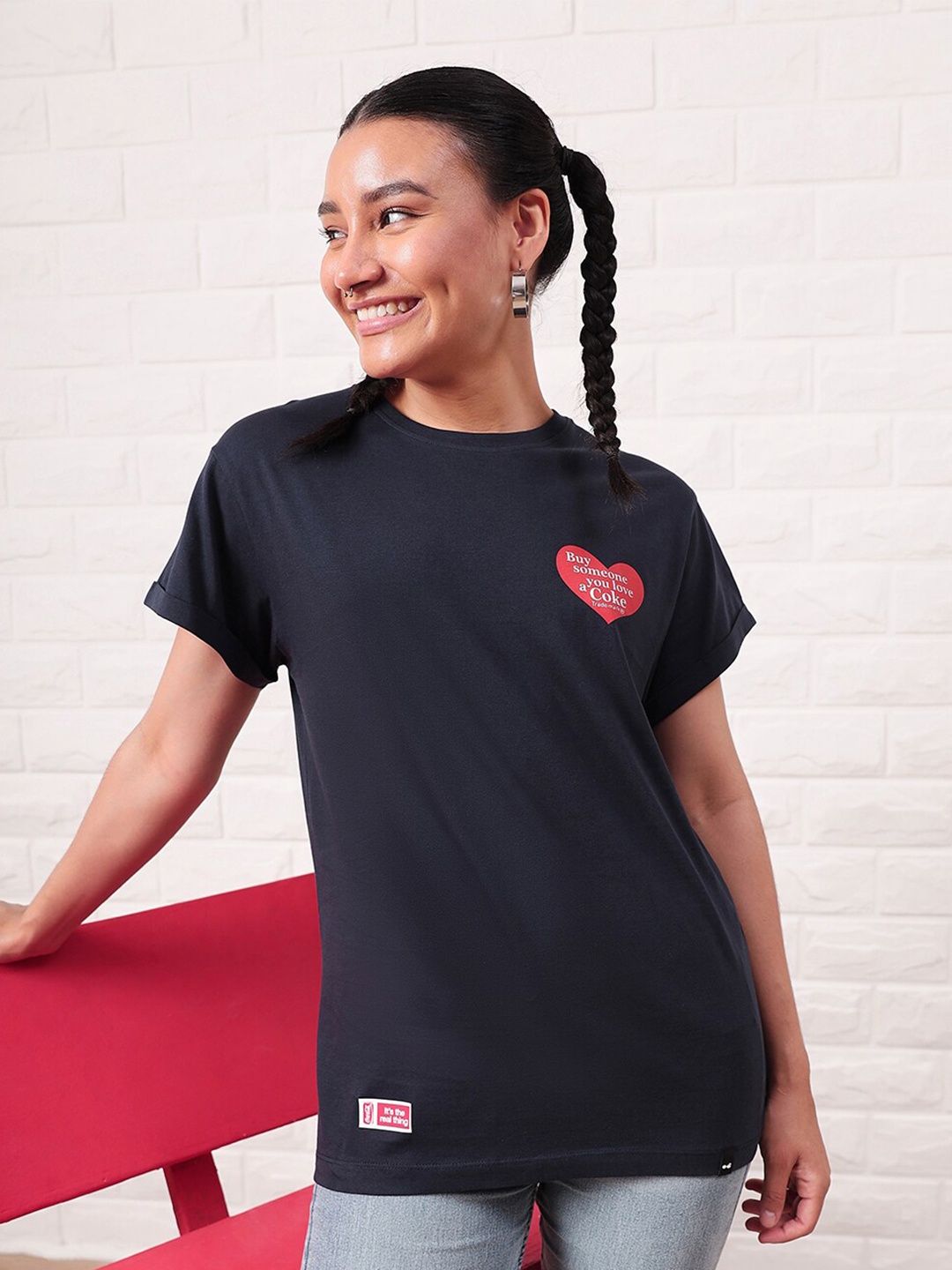 

Bewakoof Blue Typography Printed Round Neck Short Sleeves Pure Cotton Relaxed Fit T-shirt