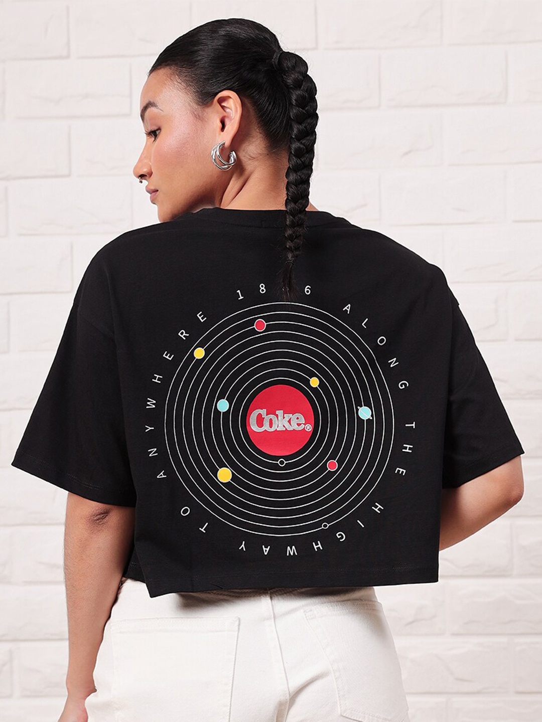 

Bewakoof X Official Coca Cola Merchandise New World Coke Printed Oversized Crop Top, Black