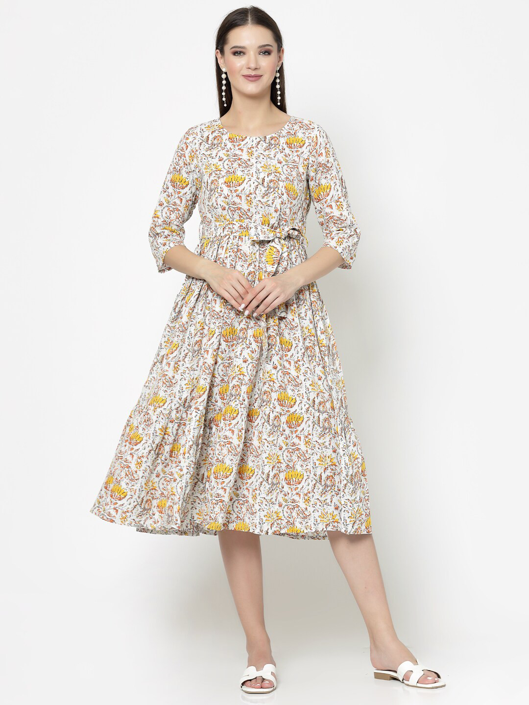 

SkyaSia Floral Printed Belted Fit & Flare Midi Dress, Beige