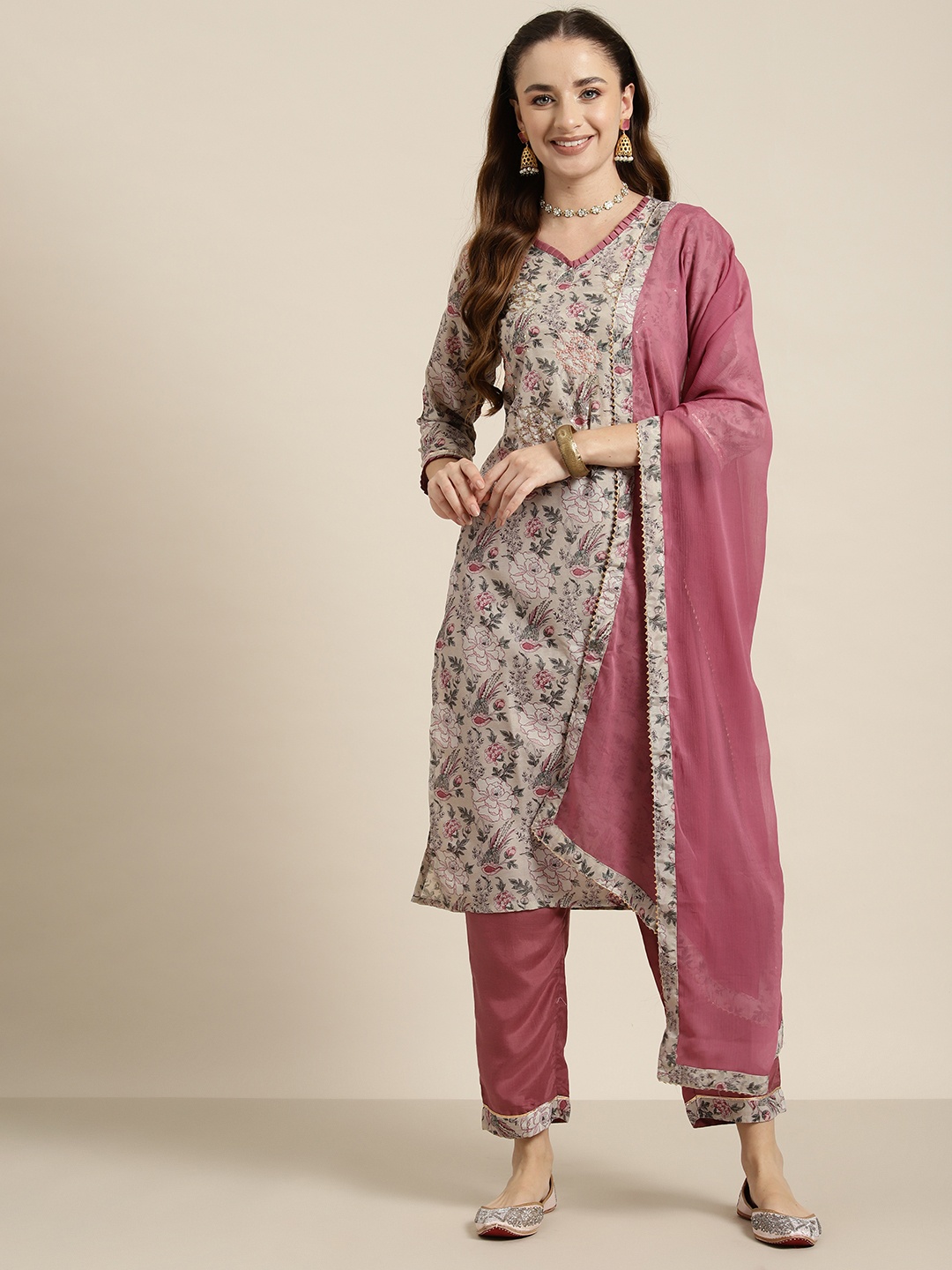 

HERE&NOW Floral Embroidered Kurta with Palazzos & Dupatta, Grey