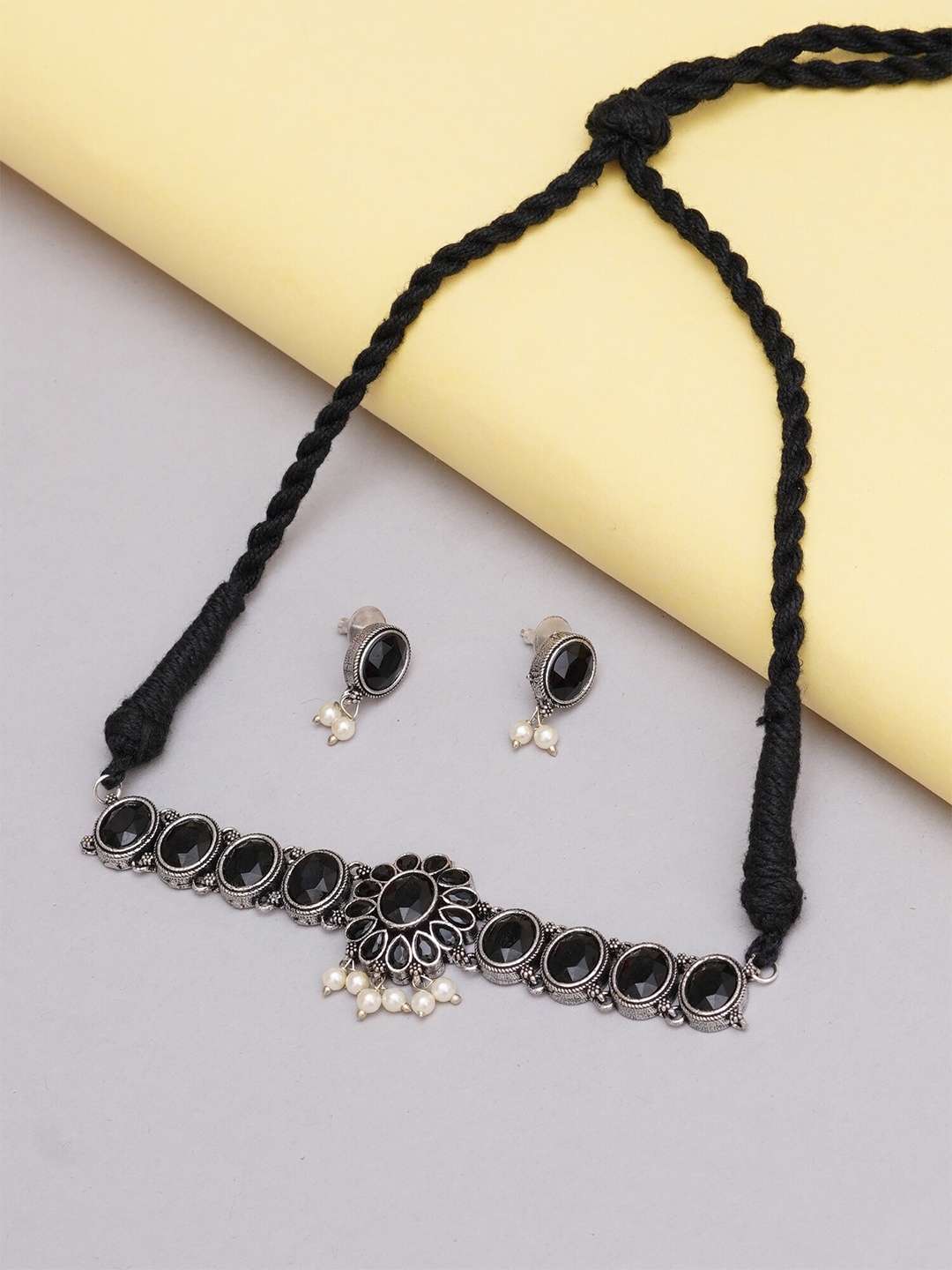 

Mali Fionna Silver-Plated Stone-Studded Jewellery Set, Black