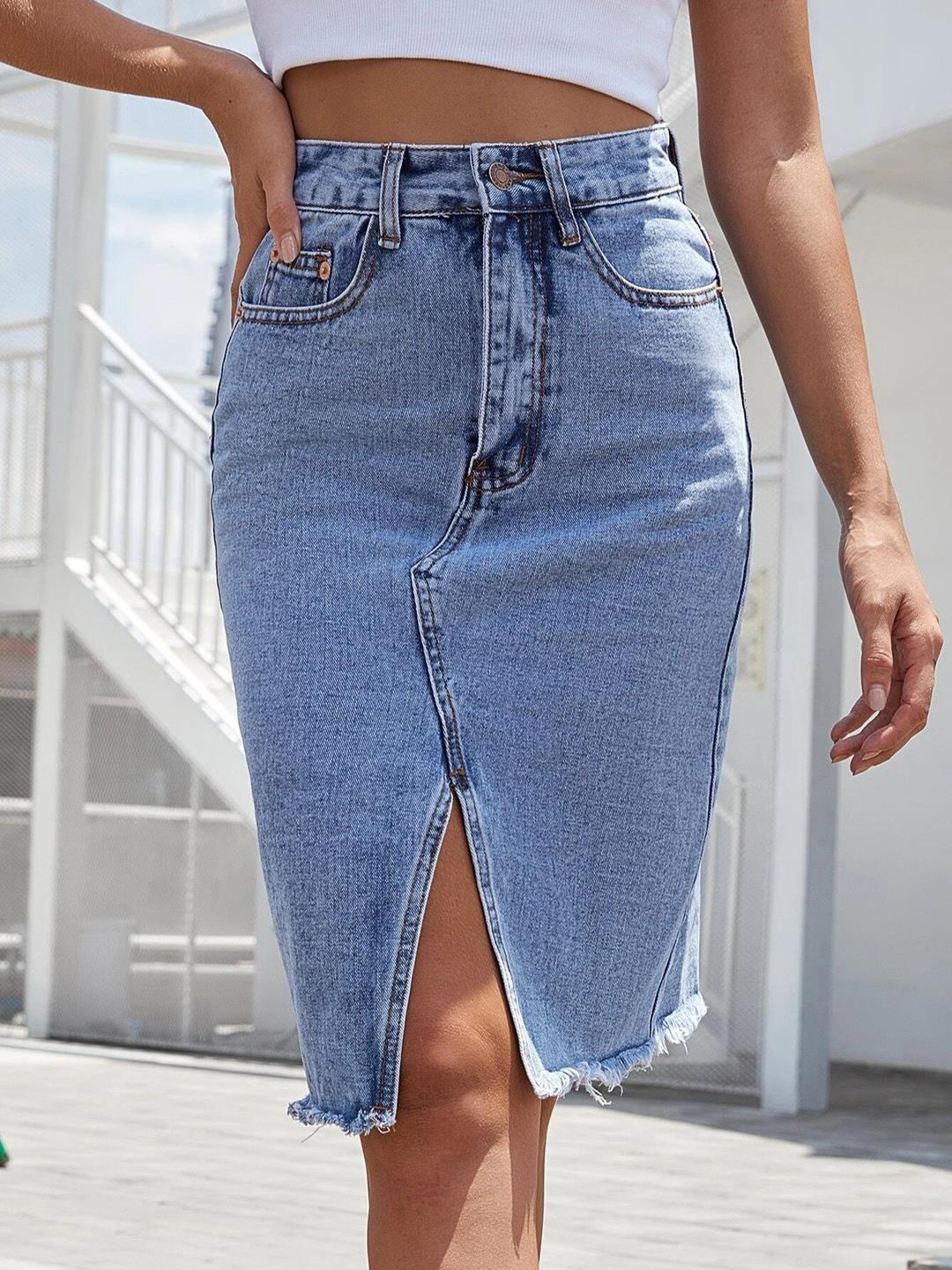 

Kotty Pure Cotton Front Slit Denim Pencil Skirt, Blue