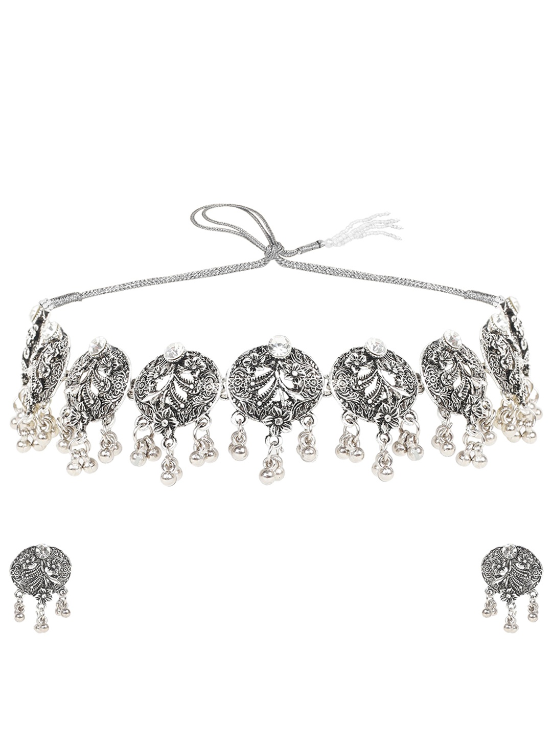 

Kord Store Silver-Plated AD-Studded Oxidised Jewellery Set