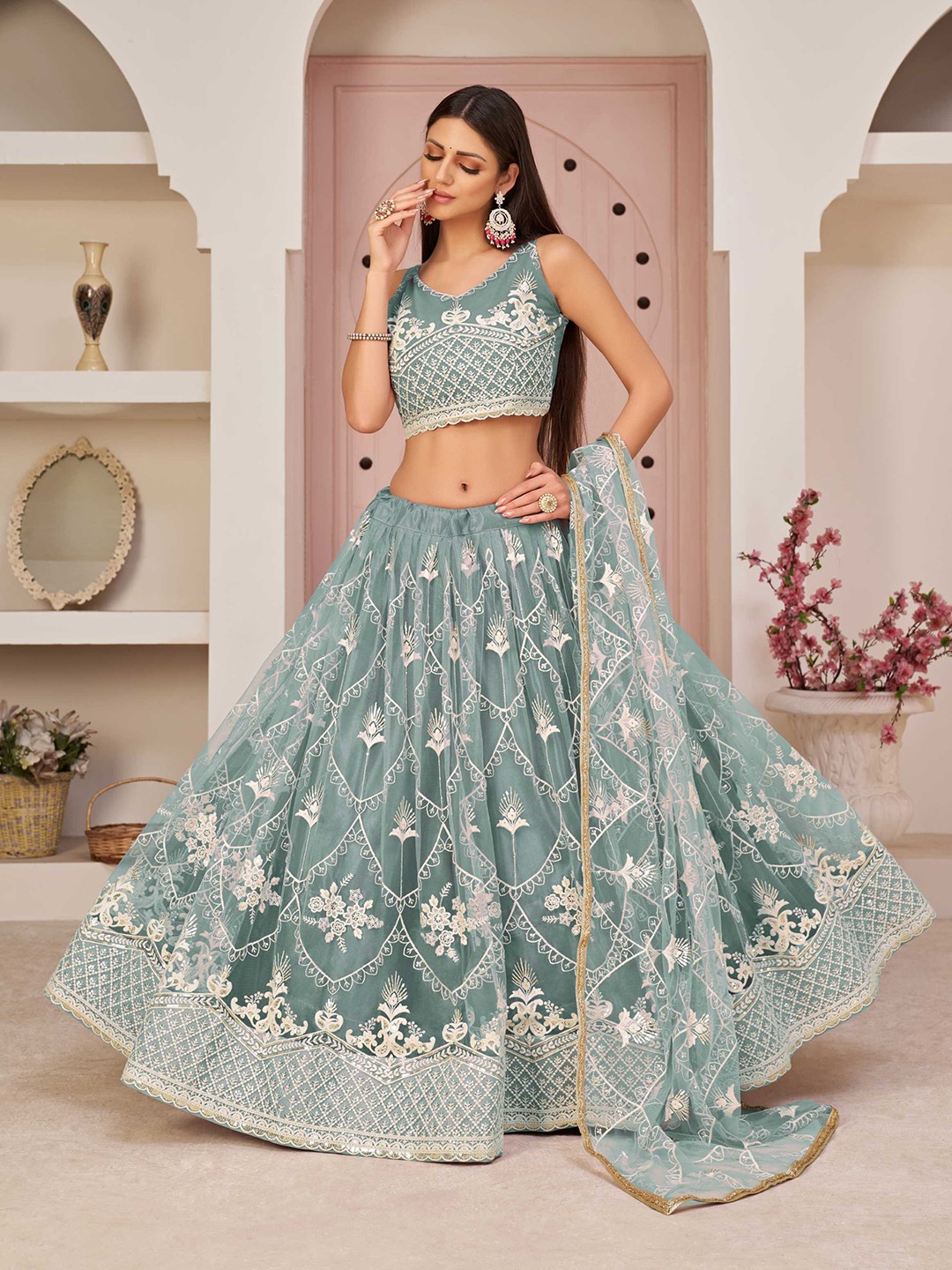 

Panzora Embroidered Sequinned Semi-Stitched Lehenga & Blouse With Dupatta, Turquoise blue