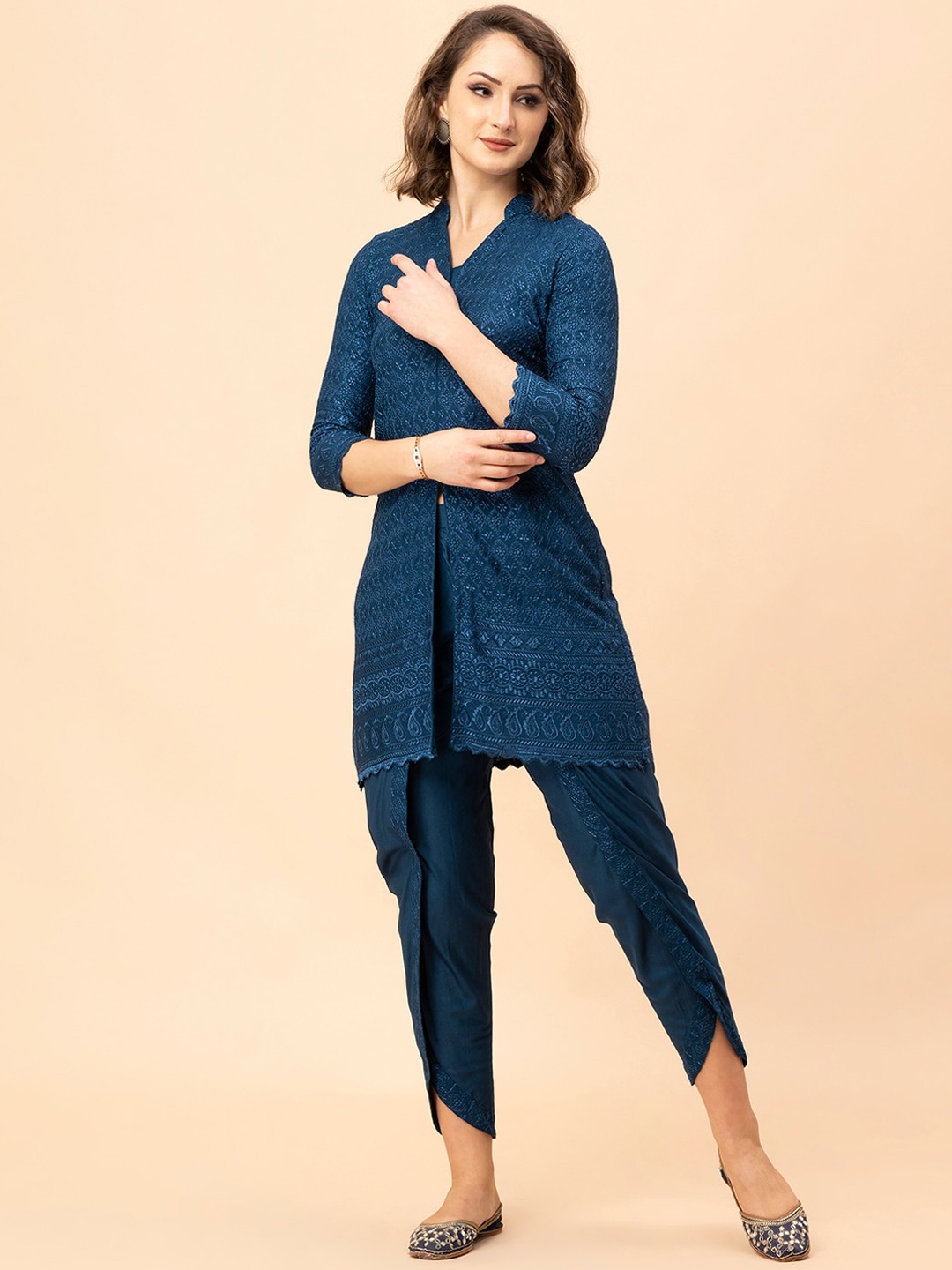 

MILU MADAN Embellished Mandarin Collar Pure Cotton Tunic With Trousers, Blue