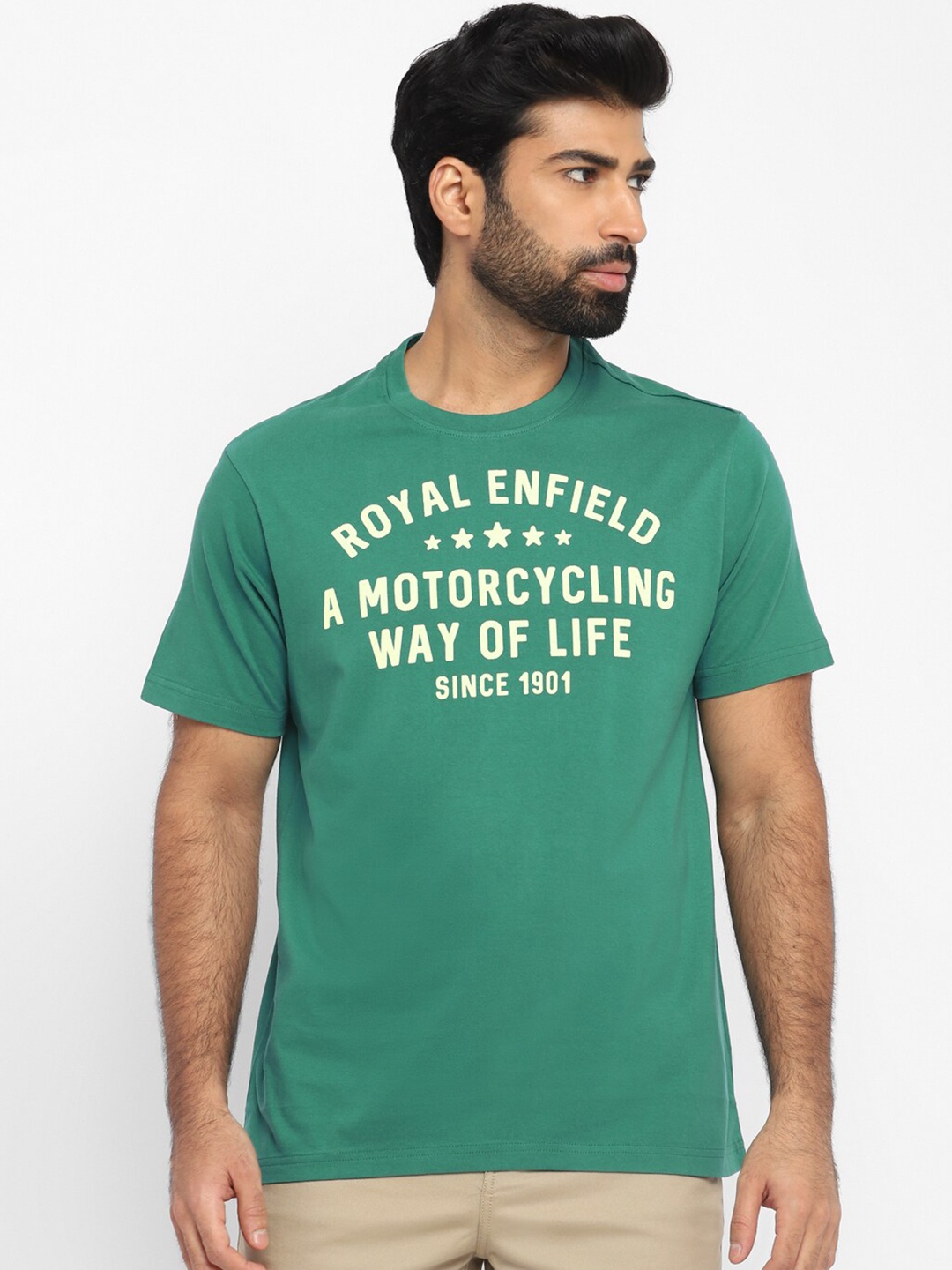 

Royal Enfield Typography Printed Cotton T-shirt, Green