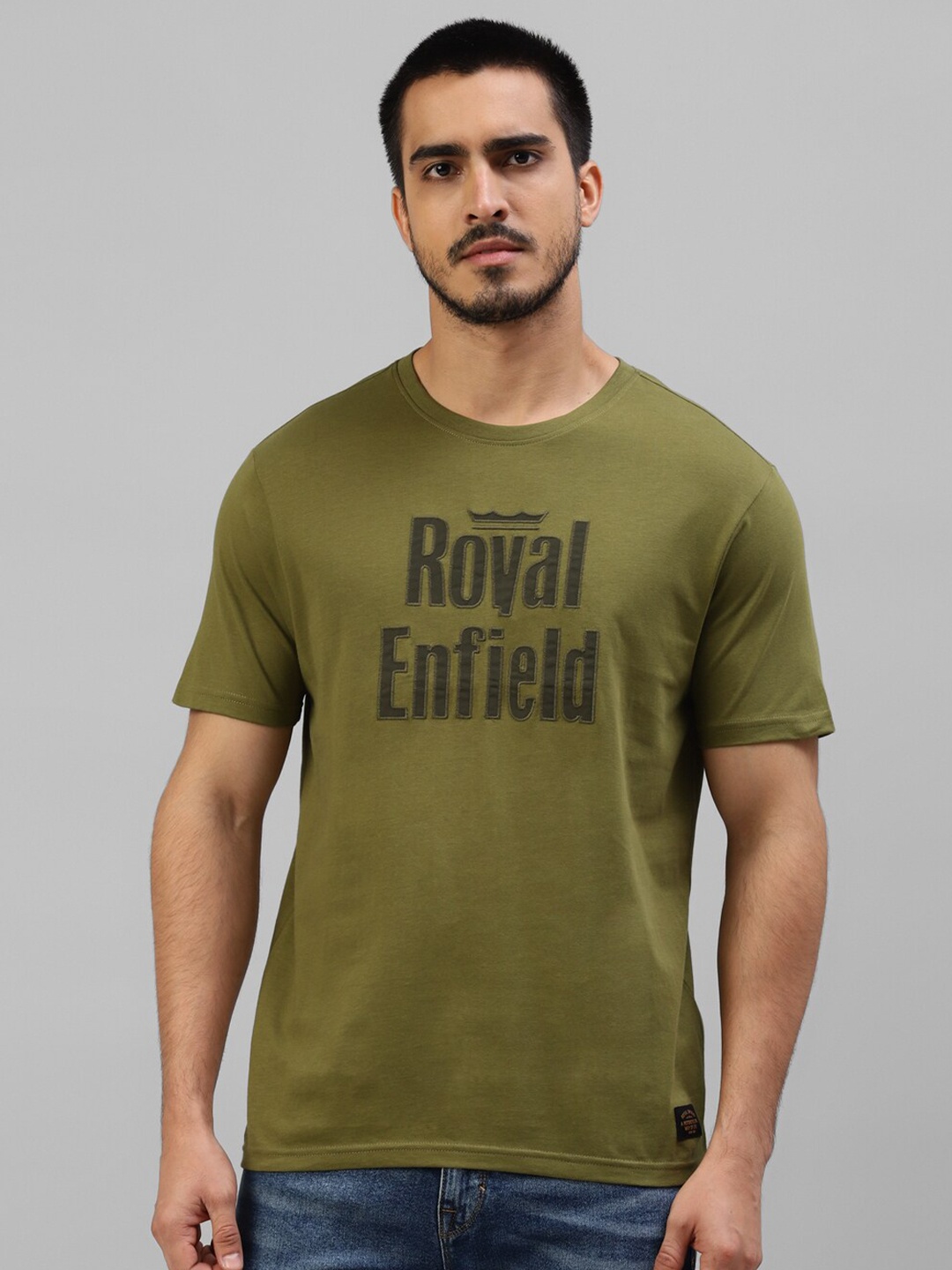 

Royal Enfield Typography Printed Cotton T-shirt, Olive
