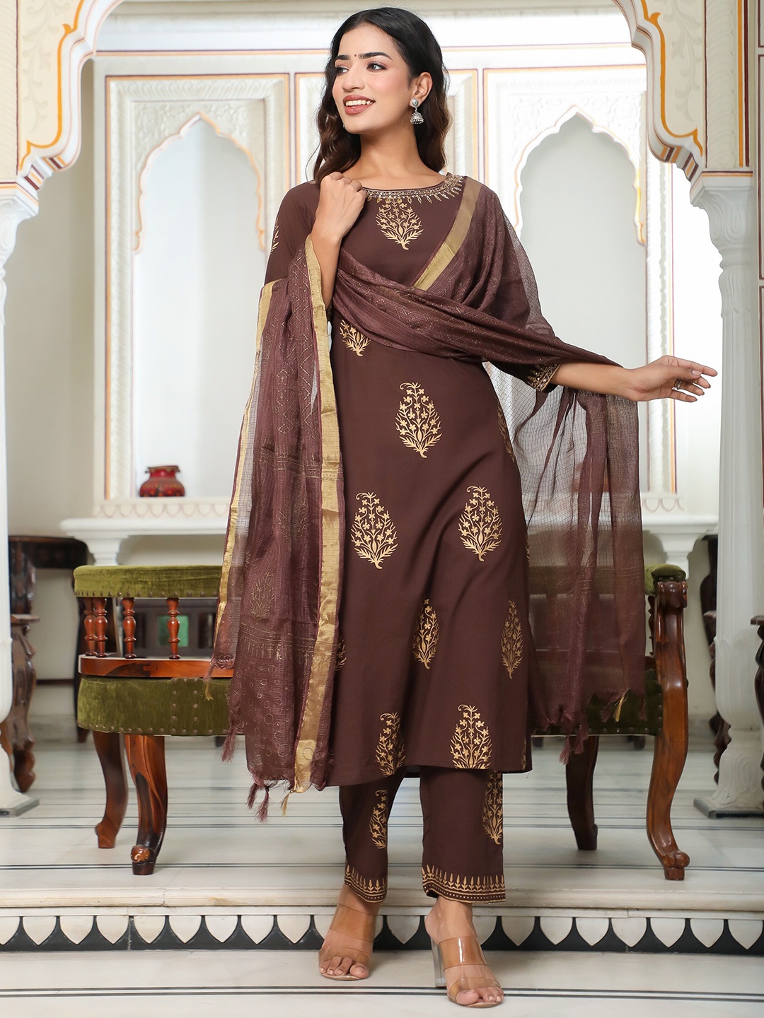 

MissKurti Ethnic Motifs Printed Pure Cotton Straight Kurta With Salwar & Dupatta, Brown