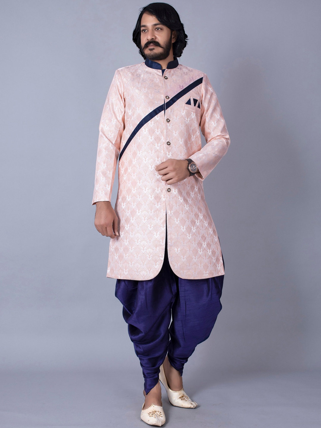 

amzira Woven Design Mandarin Collar Cotton Sherwani Set, Pink