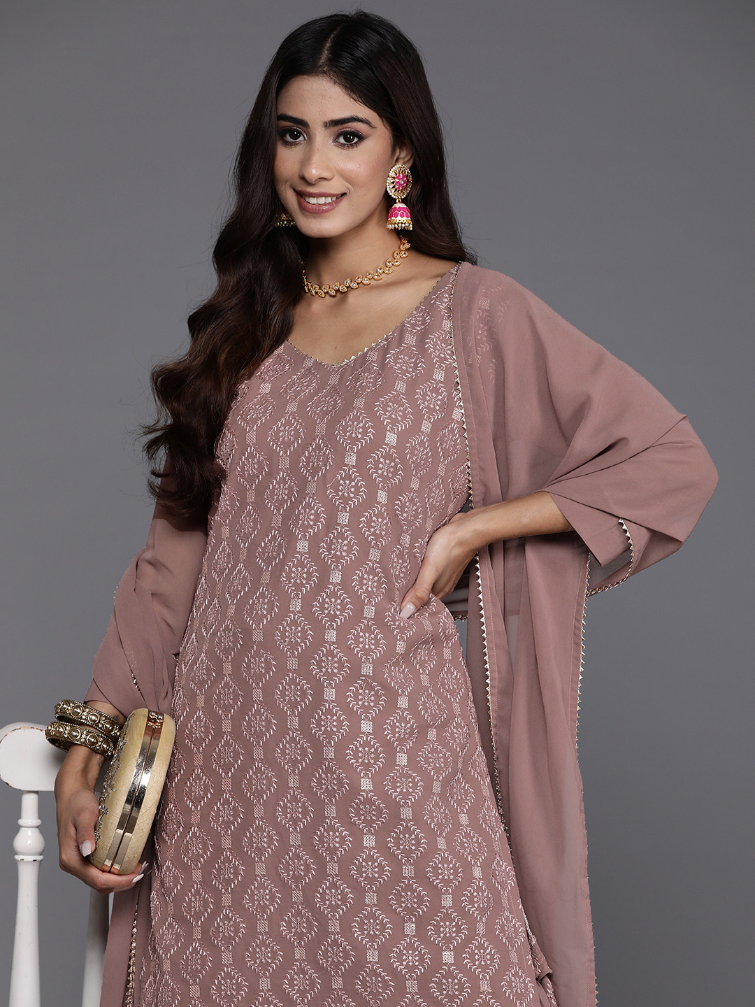 

Indo Era Women Embroidered Straight Sequinned Kurta with Sharara & With Dupatta, Mauve