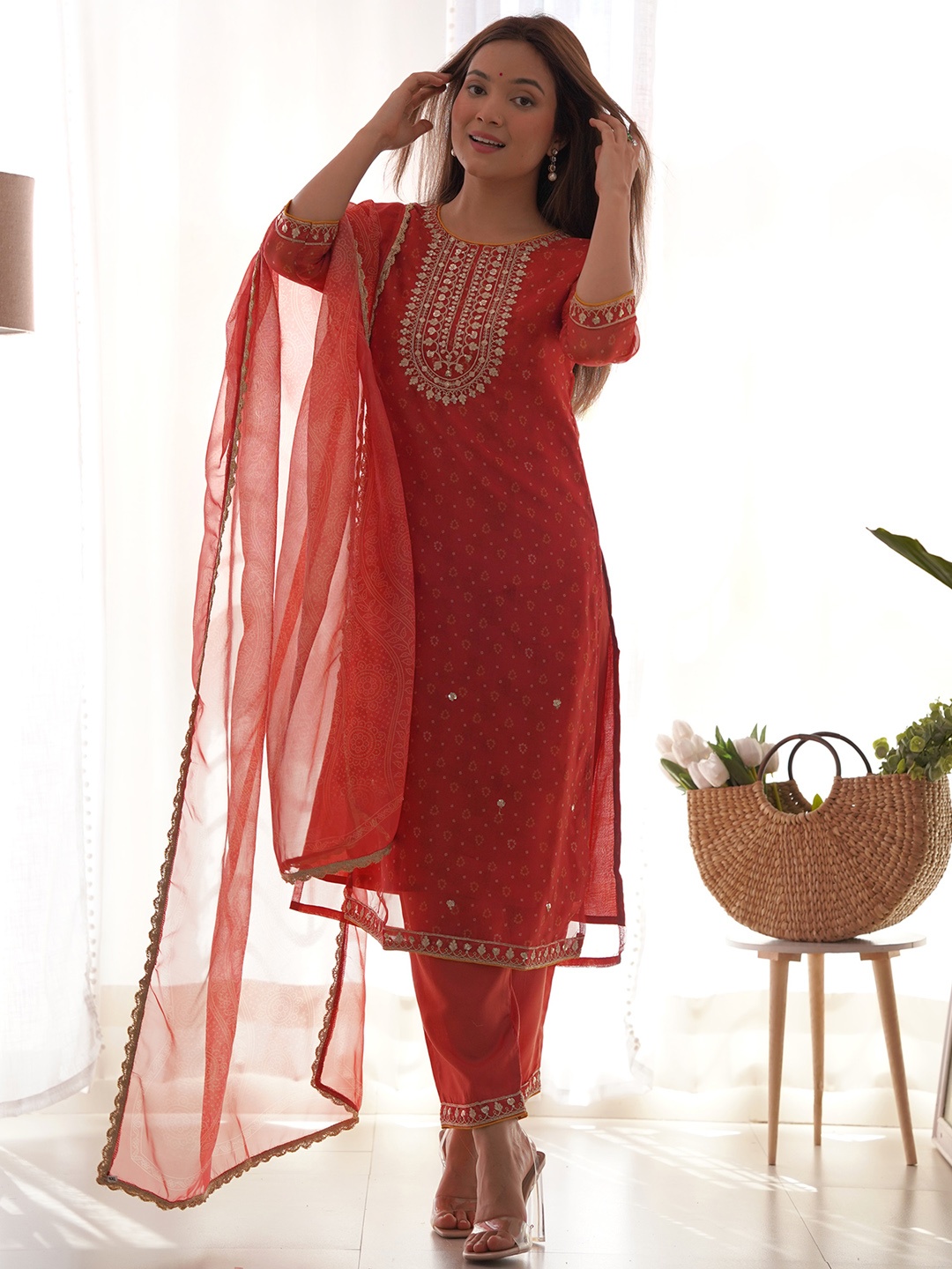

Indo Era Women Bandhani Embroidered Regular Sequinned Kurta with Trousers & With Dupatta, Red
