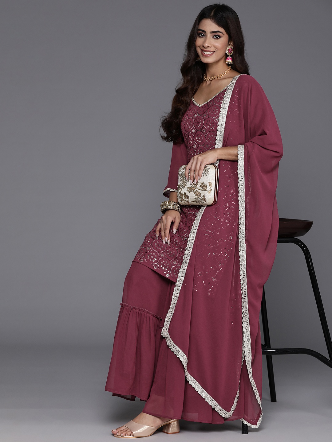 

Indo Era Women Embroidered Straight Sequinned Kurta with Sharara & With Dupatta, Mauve