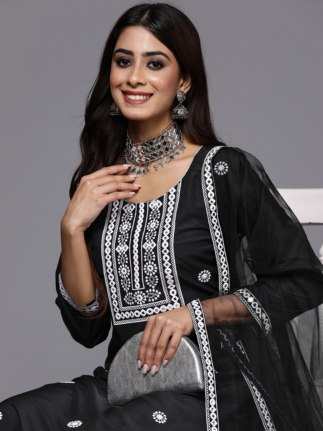 

Indo Era Women Ethnic Motifs Embroidered Mirror Work Kurta with Trousers & With Dupatta, Black