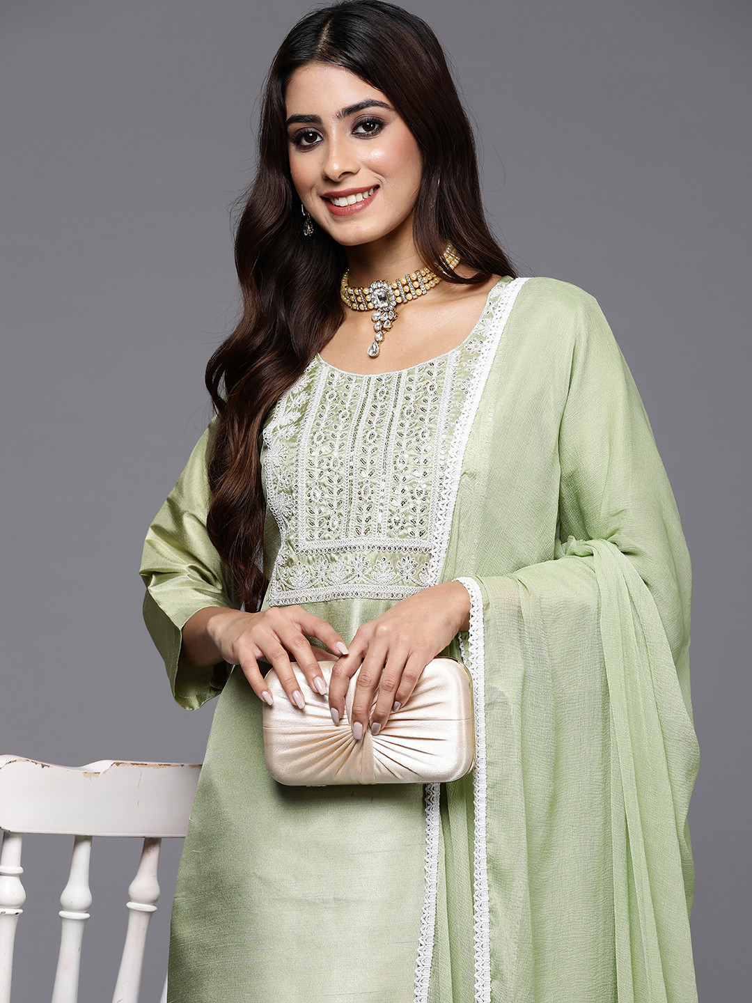 

Indo Era Women Embroidered Regular Thread Work Kurta with Trousers & With Dupatta, Sea green