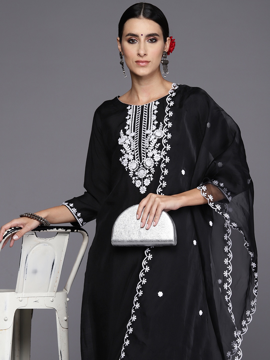 

Indo Era Women Black Floral Embroidered Regular Thread Work Kurta with Trousers & With Dupatta