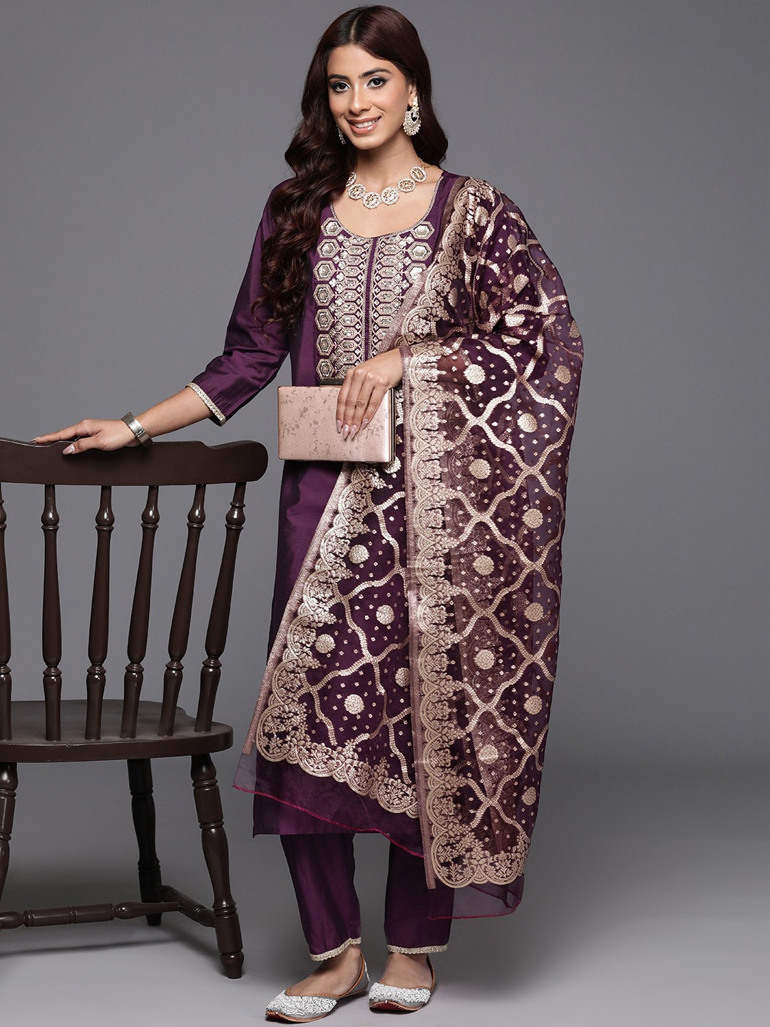 

Indo Era Women Floral Embroidered Regular Sequinned Kurta with Trousers & With Dupatta, Purple