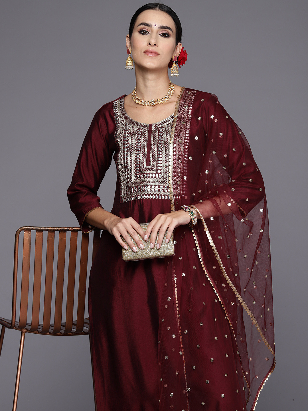 

Indo Era Women Maroon Floral Embroidered Regular Mirror Work Liva Kurta with Trousers & With Dupatta