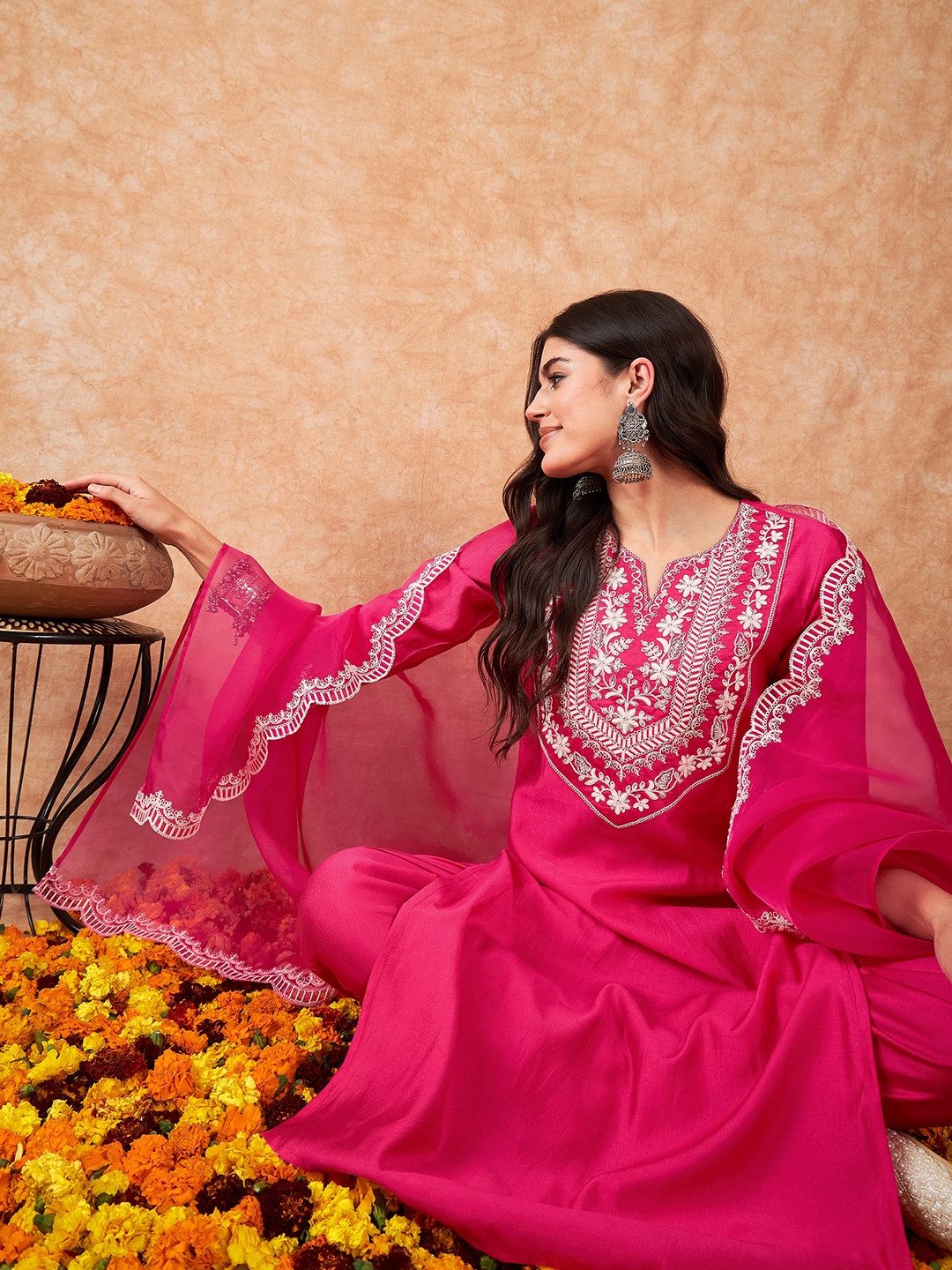 

Indo Era Floral Zari Embroidered Liva Kurta with Trousers & Dupatta, Pink