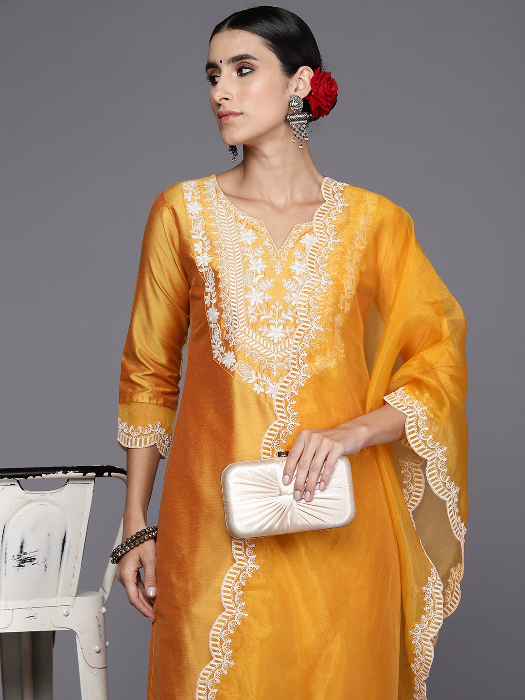 

Indo Era Women Mustard Yellow Floral Embroidered Regular Thread Work Kurta with Trousers & With Dupatta