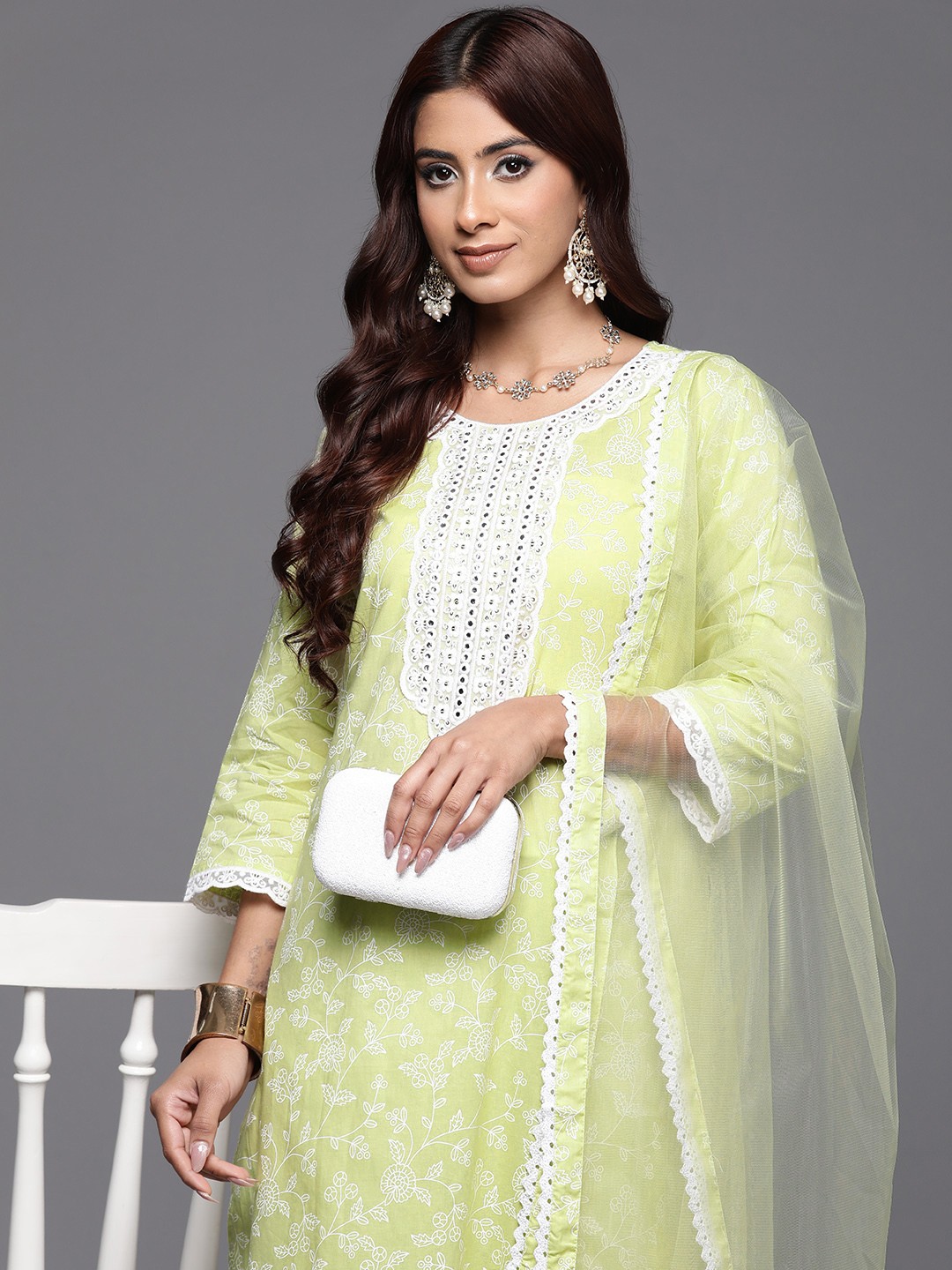

Indo Era Floral Printed Thread Work Pure Cotton Kurta with Trousers & Dupatta, Green