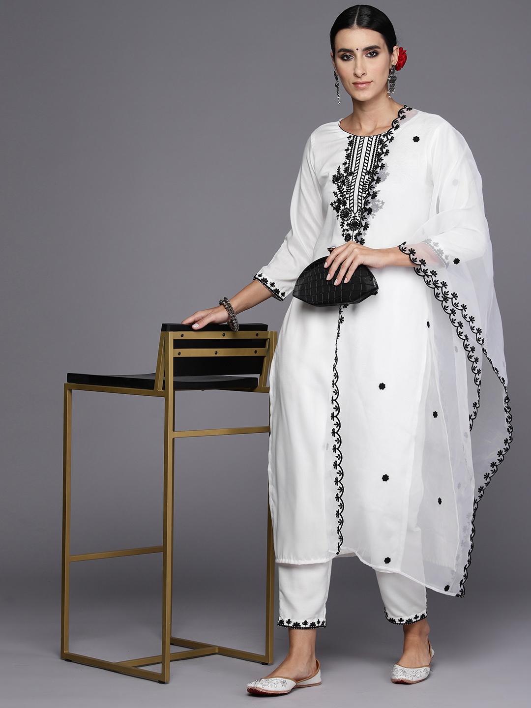 

Indo Era Women White Floral Embroidered Regular Thread Work Kurta with Trousers & With Dupatta