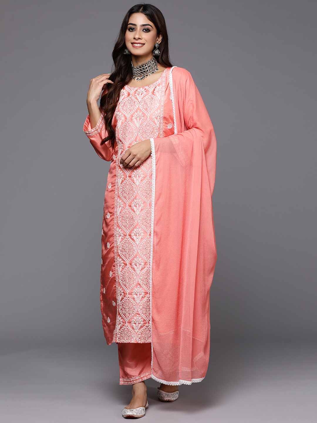 

Indo Era Women Peach-Coloured Embroidered Regular Thread Work Kurta with Trousers & With Dupatta