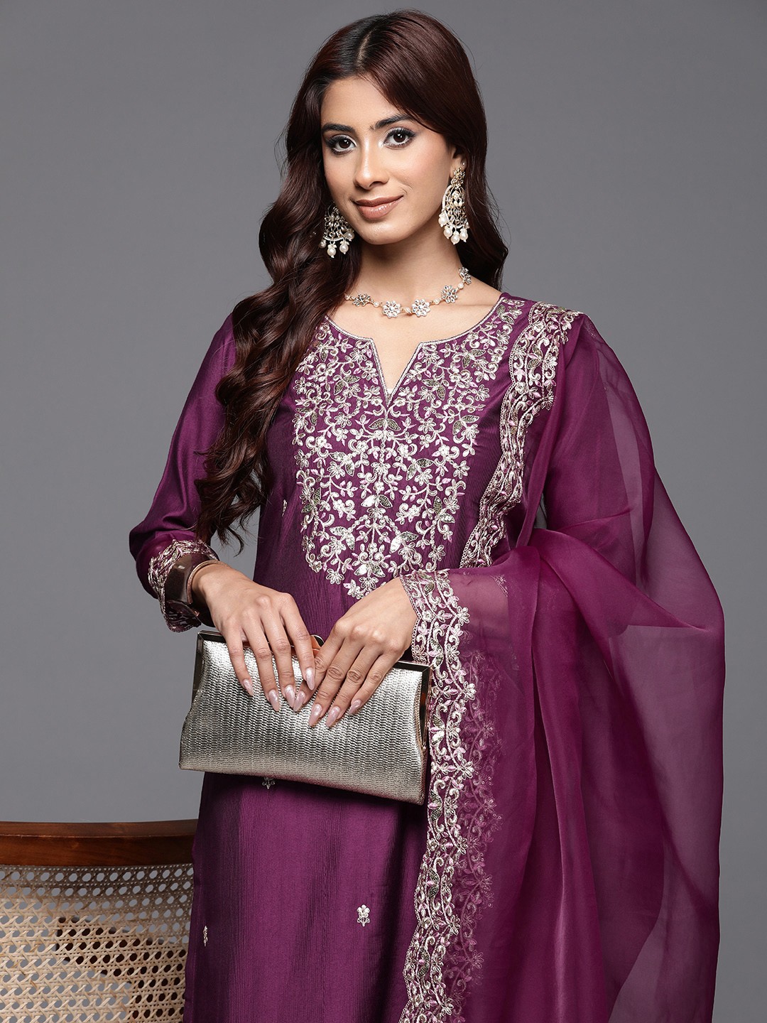 

Indo Era Floral Embroidered Sequinned Liva Kurta with Trousers & Dupatta, Purple