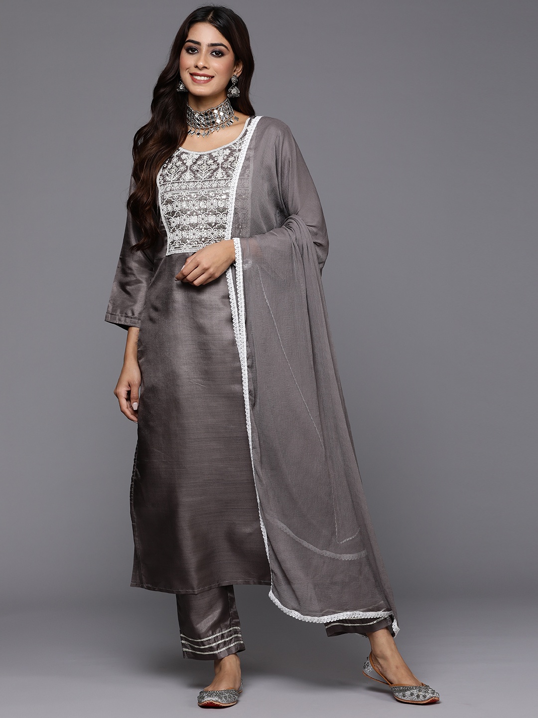 

Indo Era Women Grey Embroidered Regular Thread Work Kurta with Trousers & With Dupatta