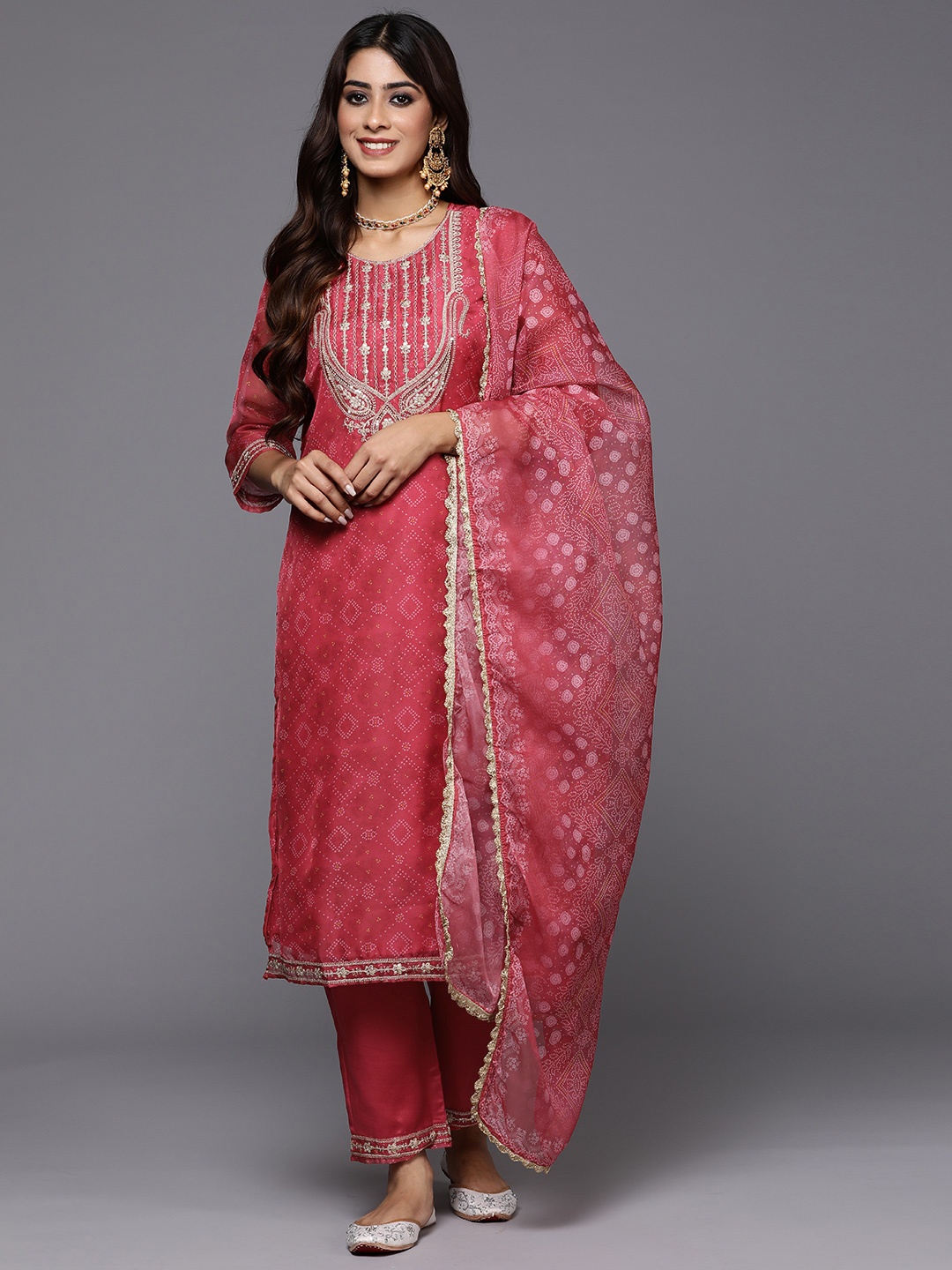

Indo Era Women Pink Bandhani Embroidered Regular Sequinned Kurta with Trousers & With Dupatta