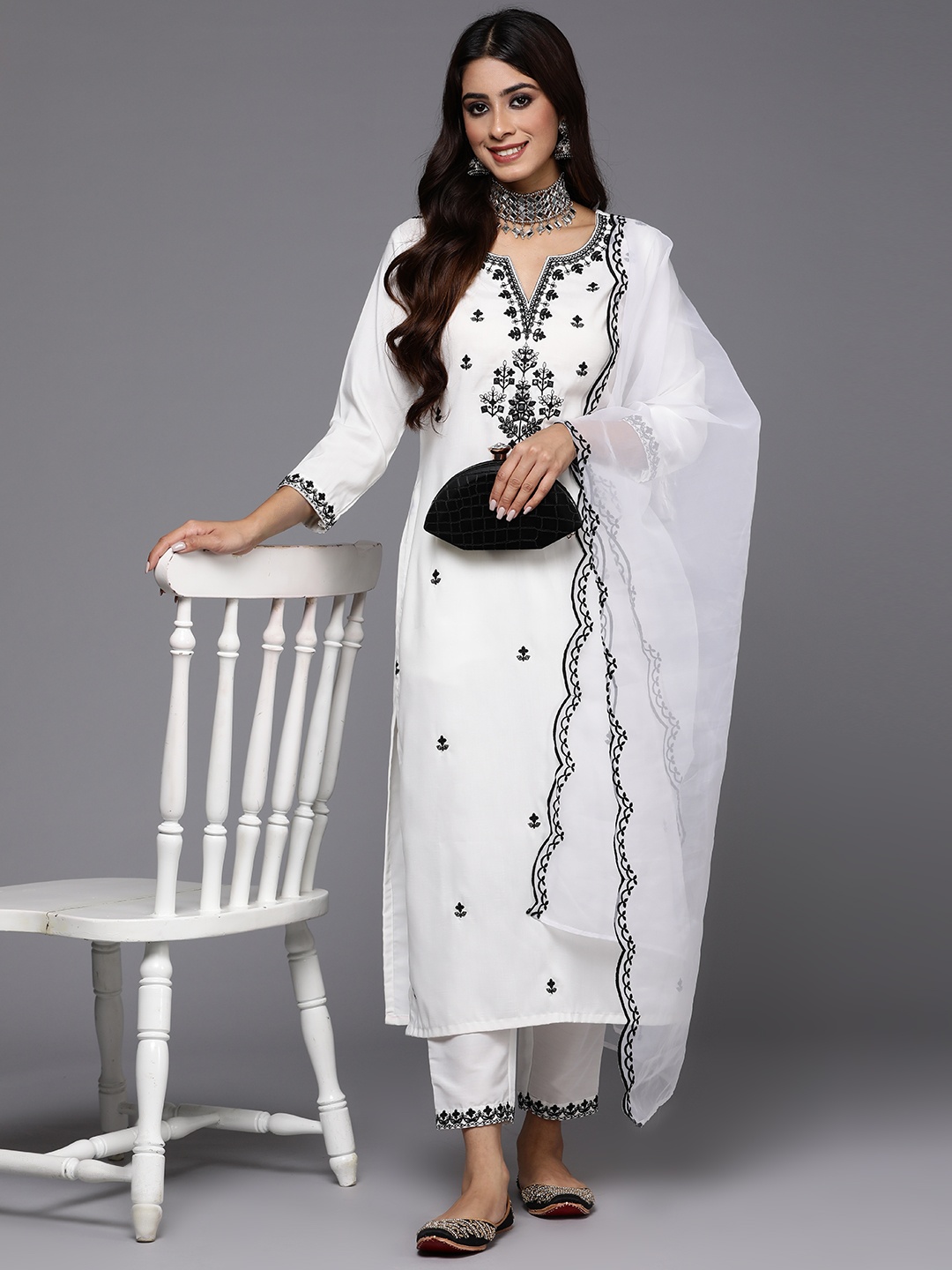 

Indo Era Women White Floral Embroidered Regular Thread Work Kurta with Trousers & With Dupatta