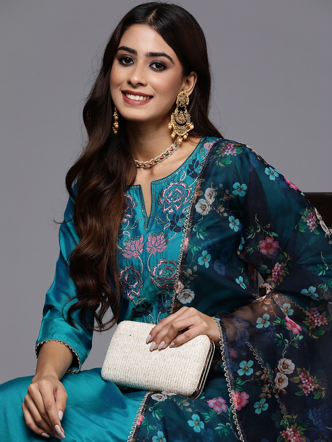 

Indo Era Women Teal Floral Embroidered Regular Thread Work Kurta with Trousers & With Dupatta