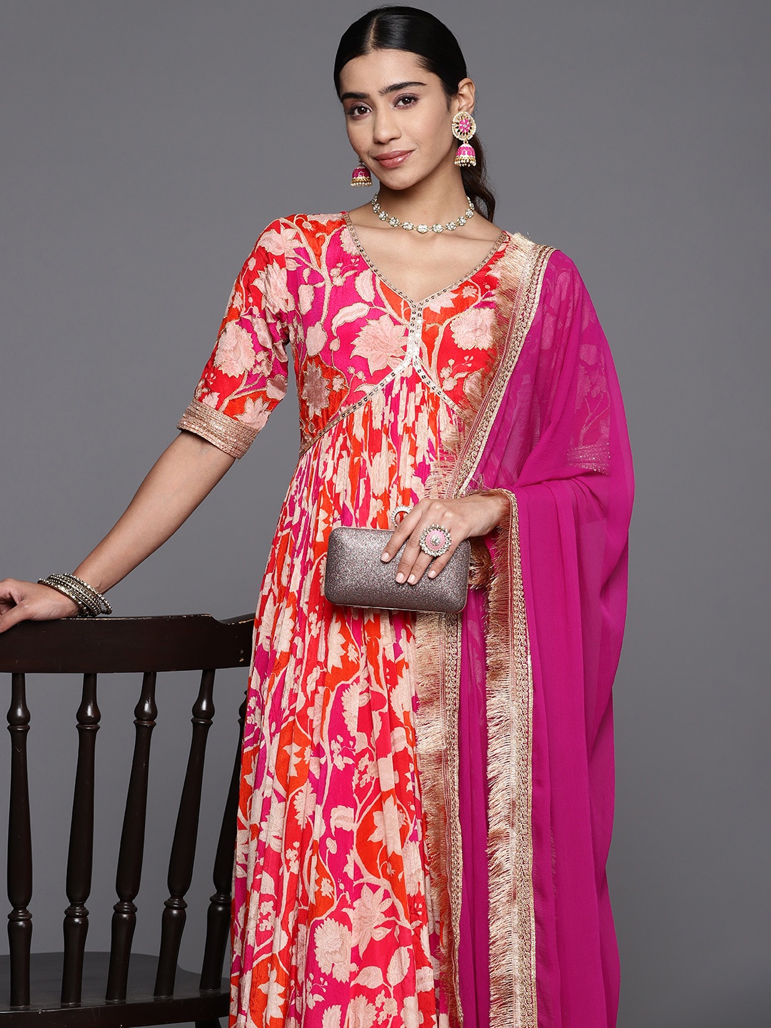 

Varanga Women Floral Printed Anarkali Kurta with Dupatta, Pink