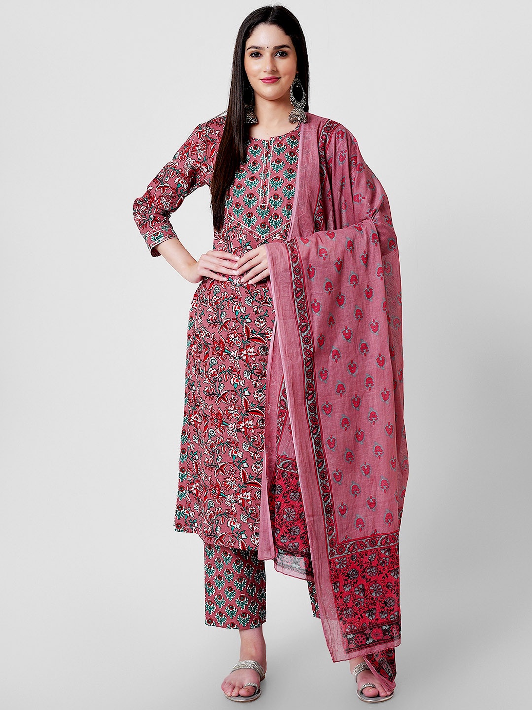 

KALINI Floral Printed Regular Gotta Patti Pure Cotton Kurta with Trousers & Dupatta, Peach