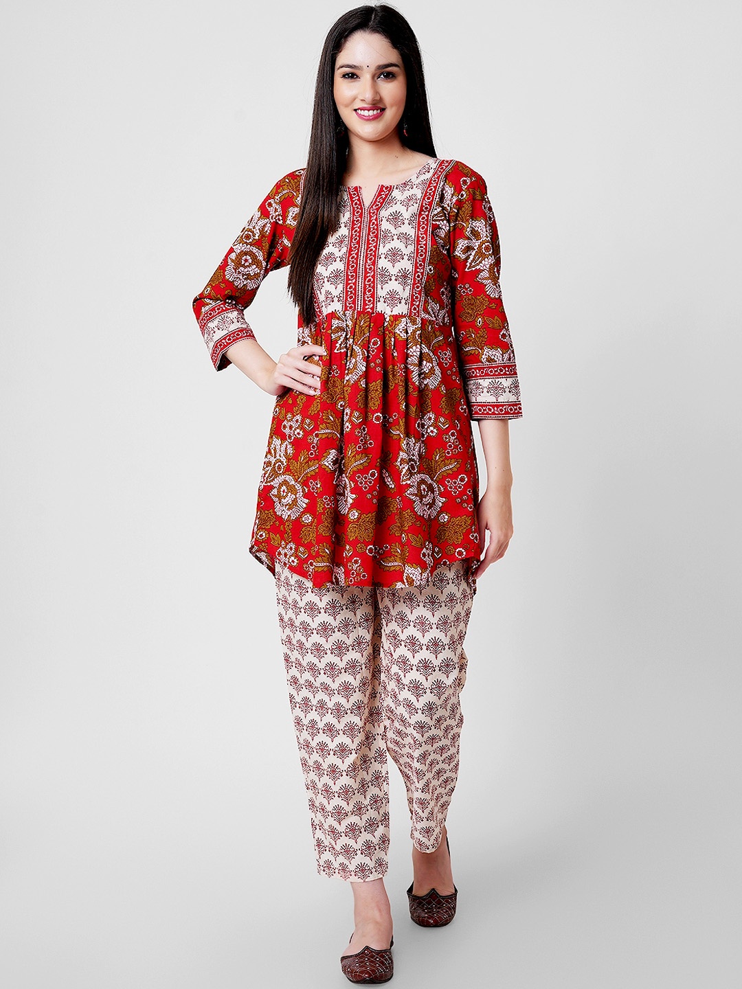 

KALINI Floral Printed Regular Pure Cotton Kurti with Trousers & Dupatta, Red