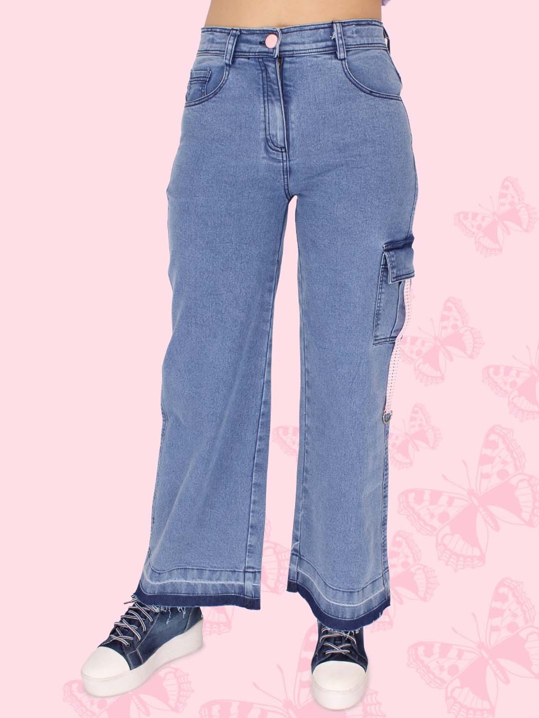 

CUTECUMBER Girls Mid-Rise Embroidered Clean look Light Shade Denim Jeans, Blue