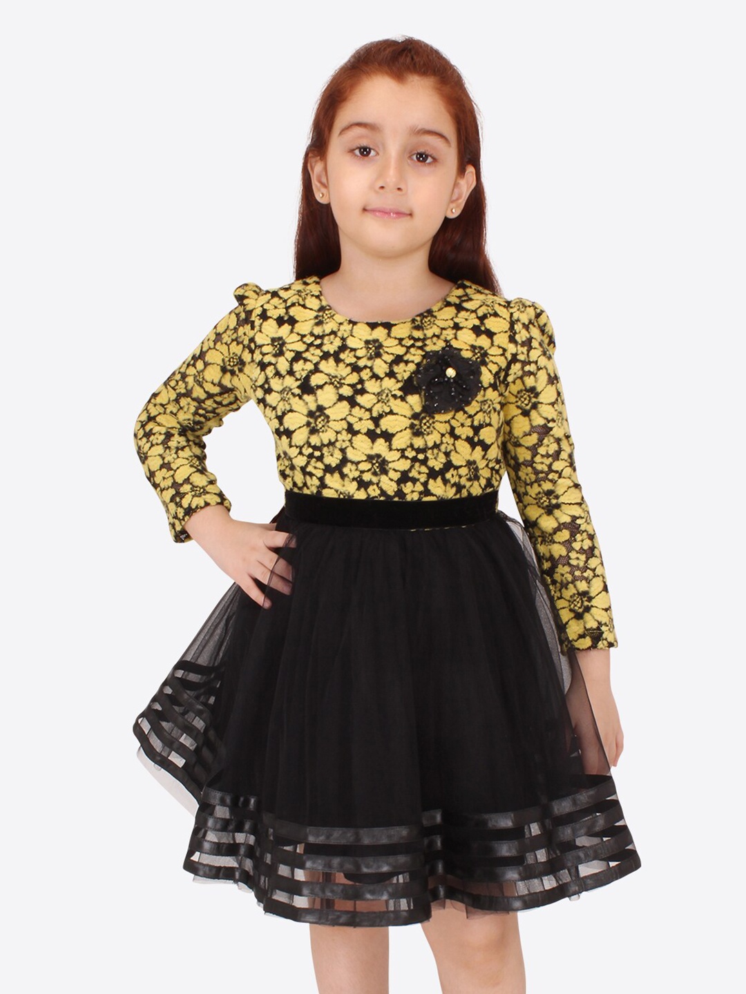 

CUTECUMBER Girls Floral Printed Puff Sleeves Corsage Fit & Flare Dress, Yellow