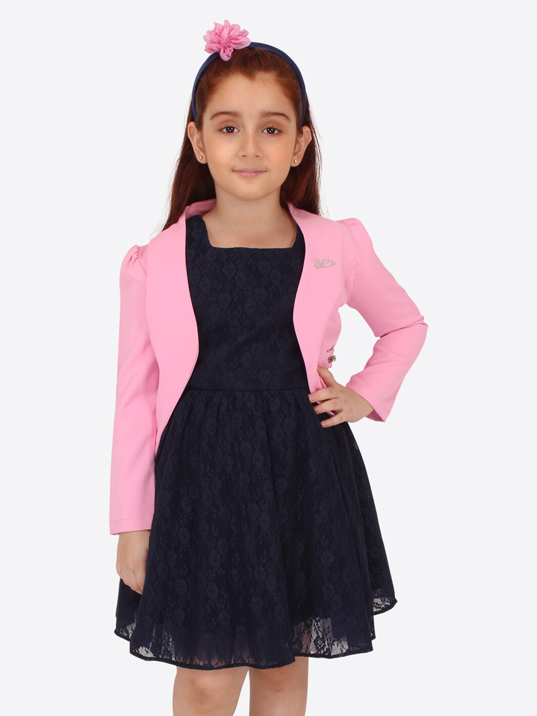 

CUTECUMBER Girls Self Design Square Neck Fit & Flare Dress With Shrug, Navy blue