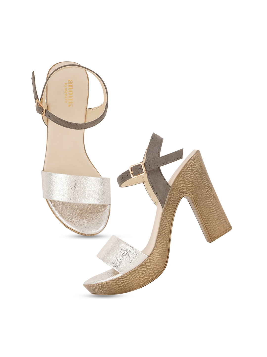 

Anouk Silver-Toned Textured Open Toe Platform Heels With Buckle Detail